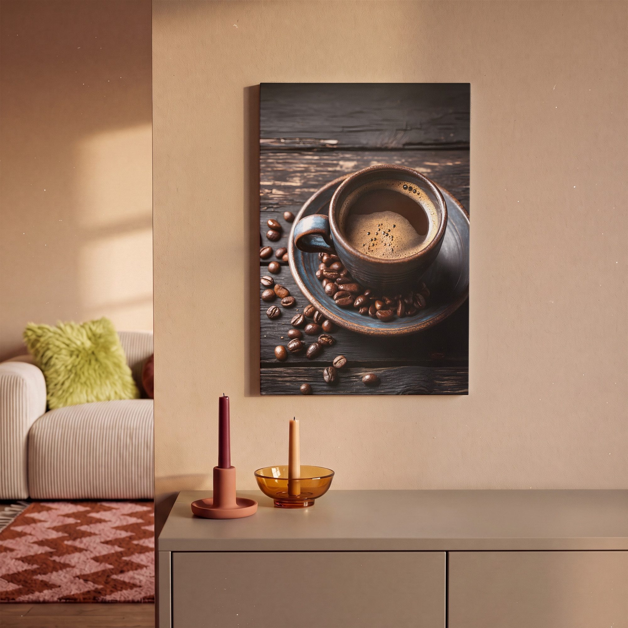 OneMillionCanvasses® Leinwandbild Tasse - Kaffee - Holz - Bohnen, Fotodruck (1 St), Wandbilder für Esszimmer, Wanddeko Bilder Küche, 20x20 cm – Bild 2 von 5