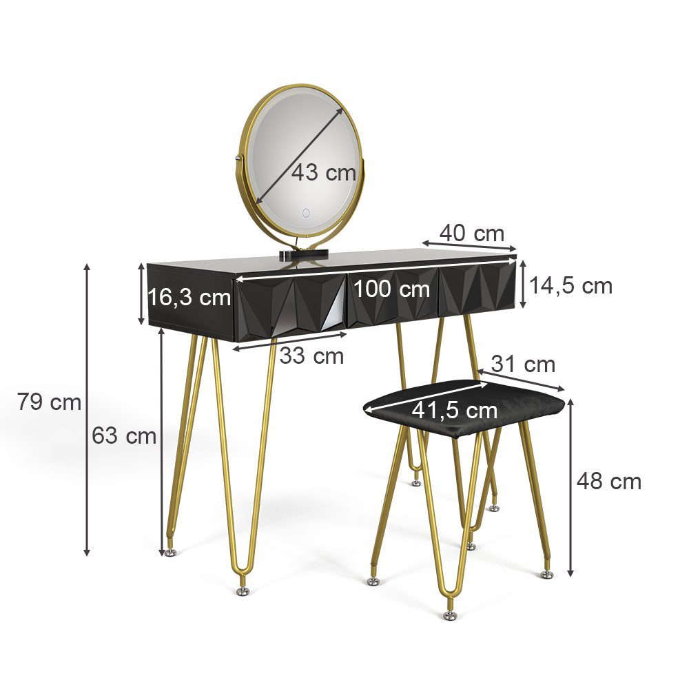 Vicco Schminktisch Ruby, Schwarz Hochglanz, 100 cm mit LED-Spiegel und Hocker (3-St)