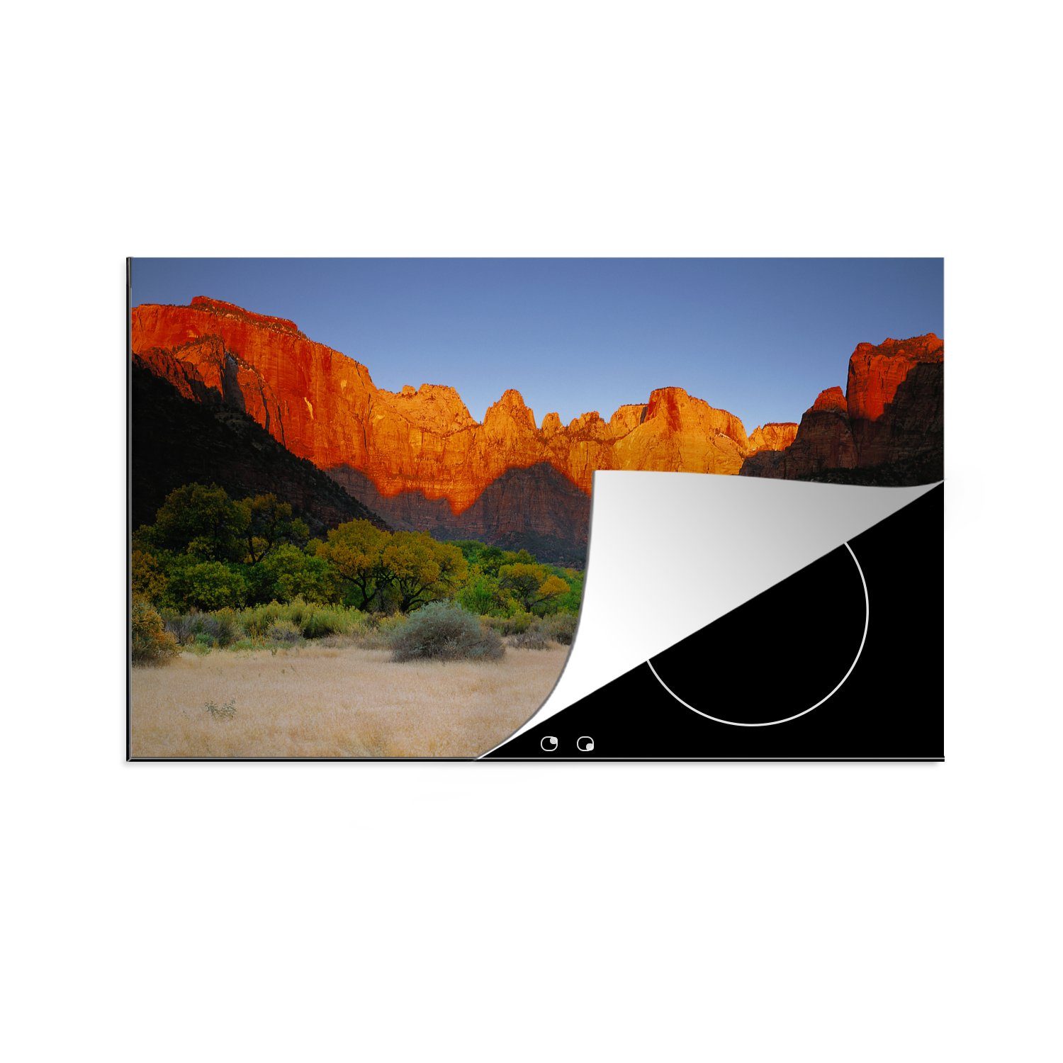 MuchoWow Herdblende-/Abdeckplatte Ein großer Lichtfall in einem Tal des Zion National Park in Utah, Vinyl, (1 tlg), 83x51 cm, Ceranfeldabdeckung, Arbeitsplatte für küche