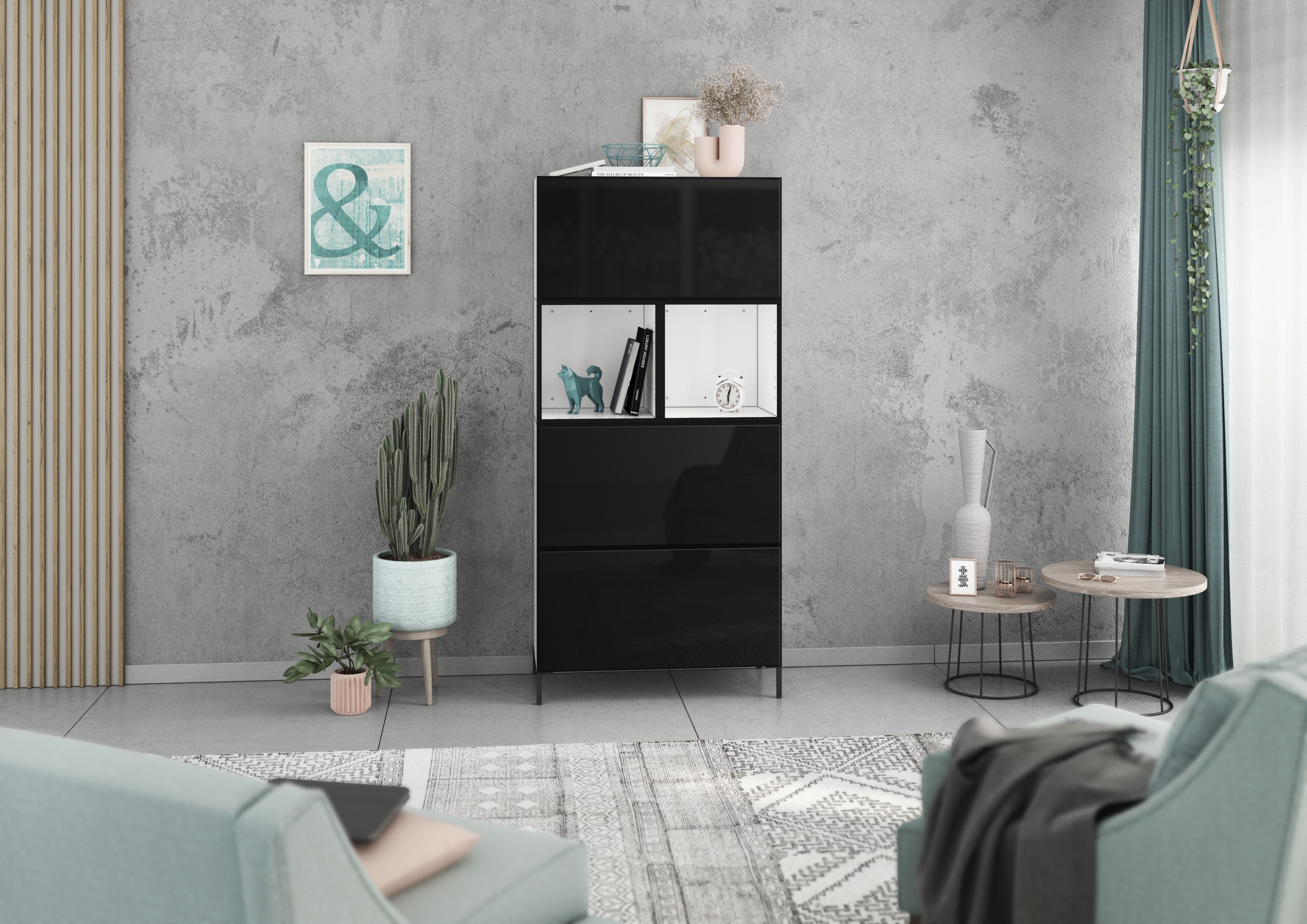 BMG Möbel Stauraumvitrine Modul+ (Highboard Set 5 tlg., besteht aus: 3x Schrank mit Klappenfunktion, 2x Regal) Schränke frei kombinierbar, wandhängend oder stehend