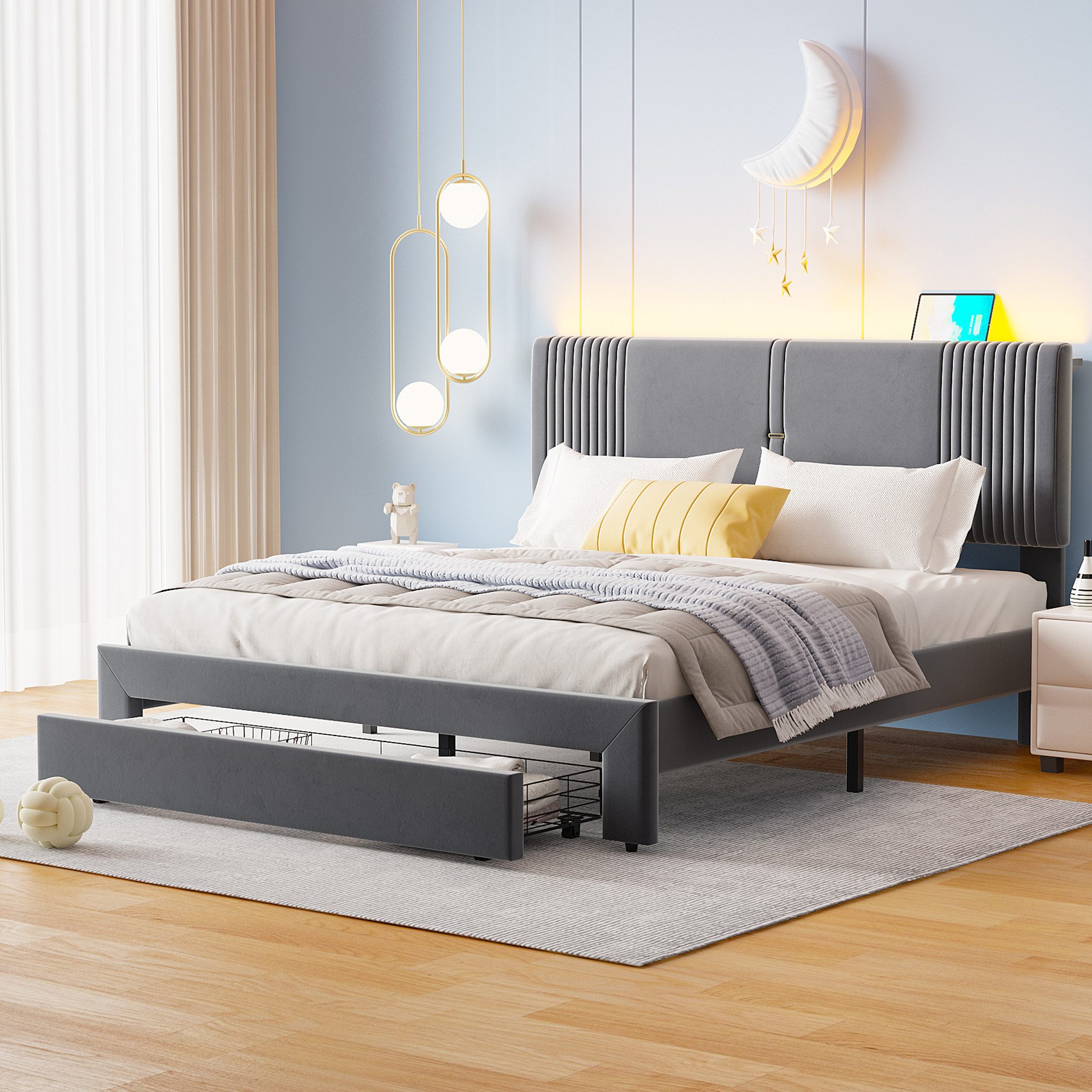 Flieks Polsterbett, LED Doppelbett 160x200cm mit 2 USB-Ladeanschlüsse und g günstig online kaufen