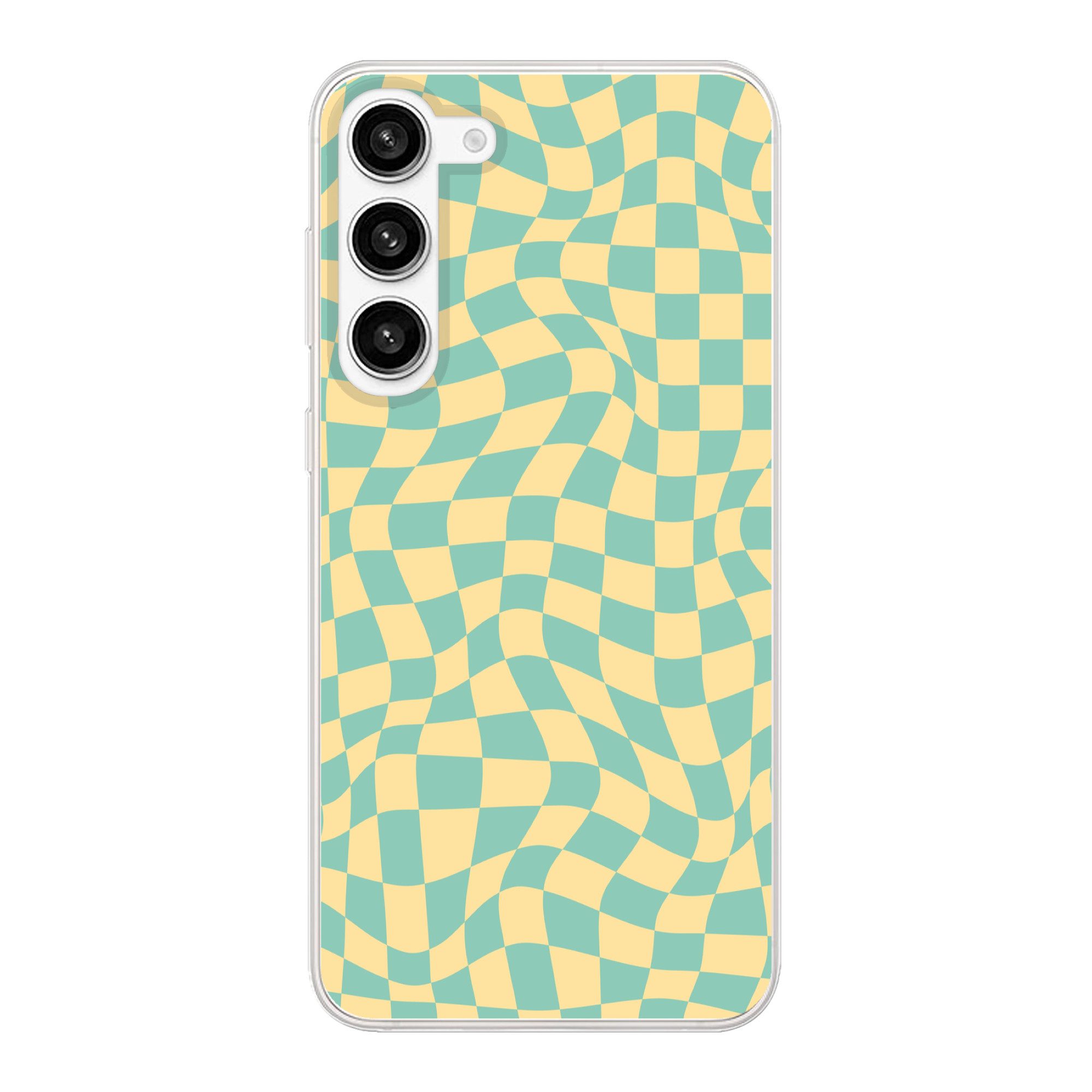 MuchoWow Handyhülle für Samsung Galaxy S23 Plus Quadratisches Muster - Gelb - Blau - Welle, Phone Case, Silikon, Schutzhülle Dünn