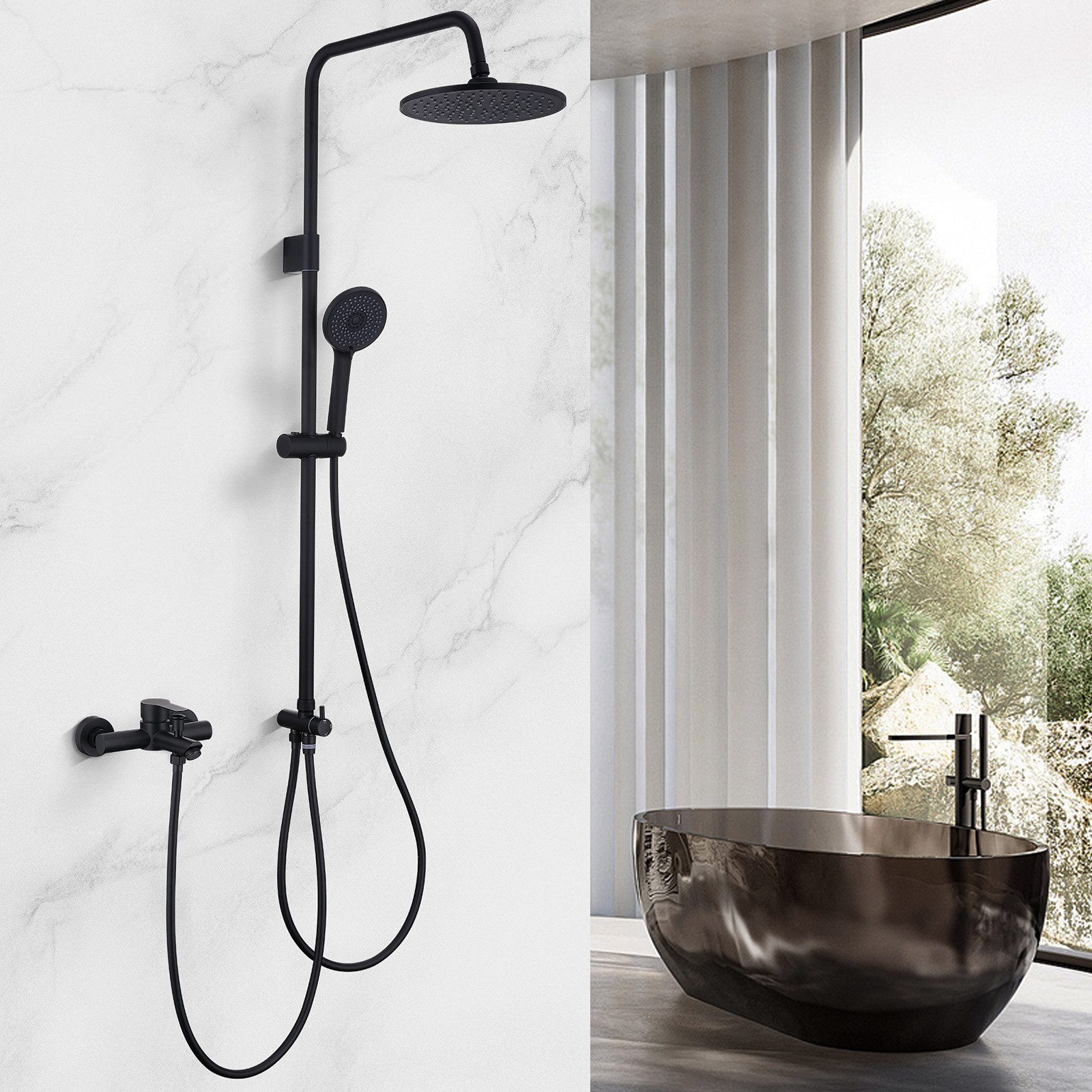HOMELODY Duschsystem Regendusche Schwarz ohne Bohren mit 4-Funktionen Handbrause, 3 Strahlart(en), Edelstahl Regendusche Duschsystem höhenverstellbar