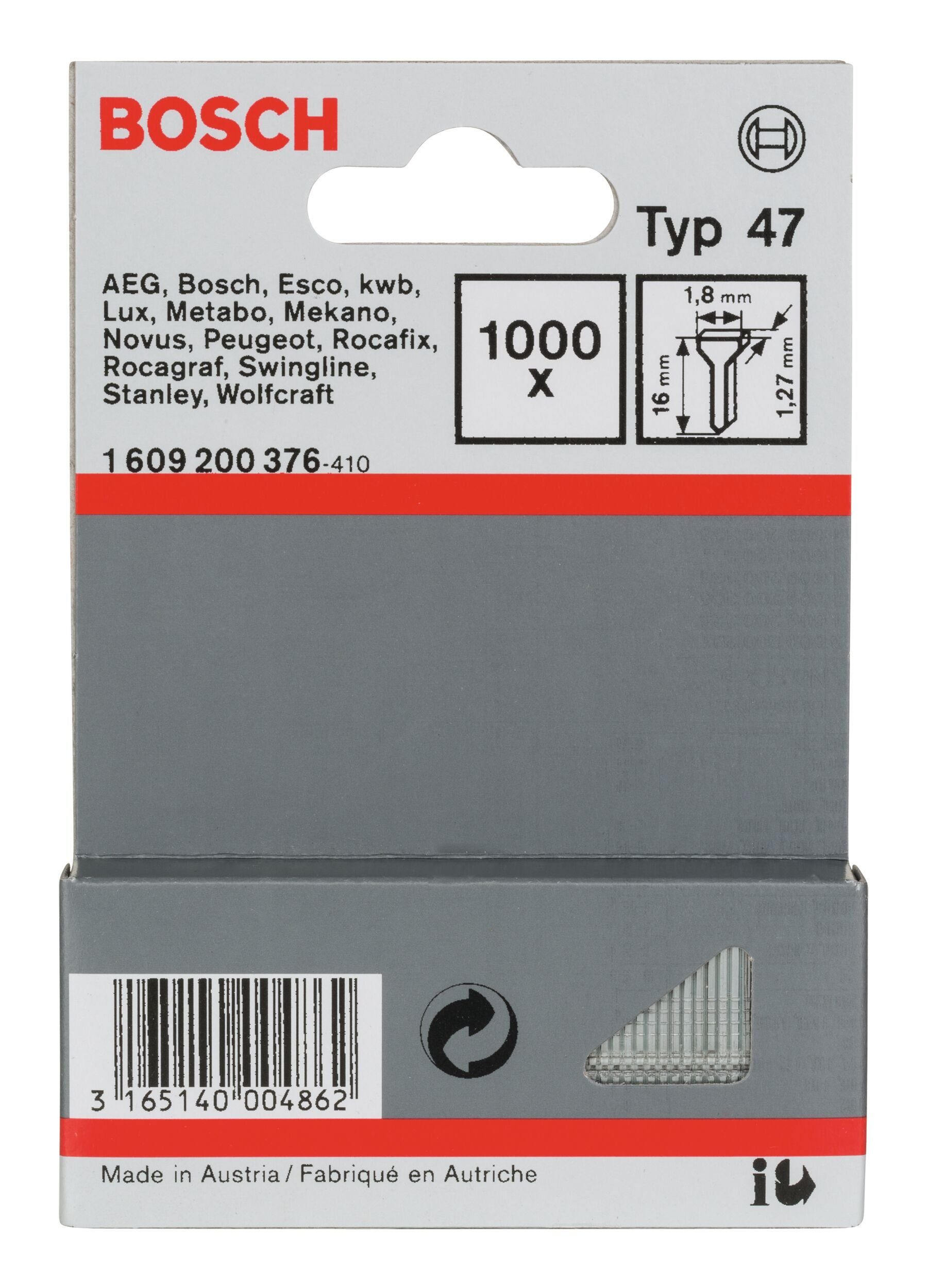 BOSCH Tackerklammer, Typ 47 Tackernagel - 1,27 x 16 x 1,8 mm - 1000er-Pack