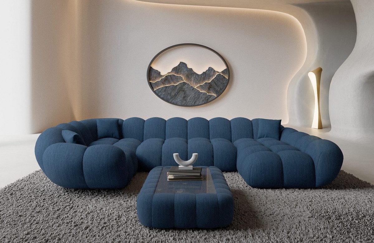 Sofa Dreams Wohnlandschaft Maleron U Form Design Stoffsofa, 6-Sitzer, Polsterecke, Ottomane rechts, Strukturstoff Blau