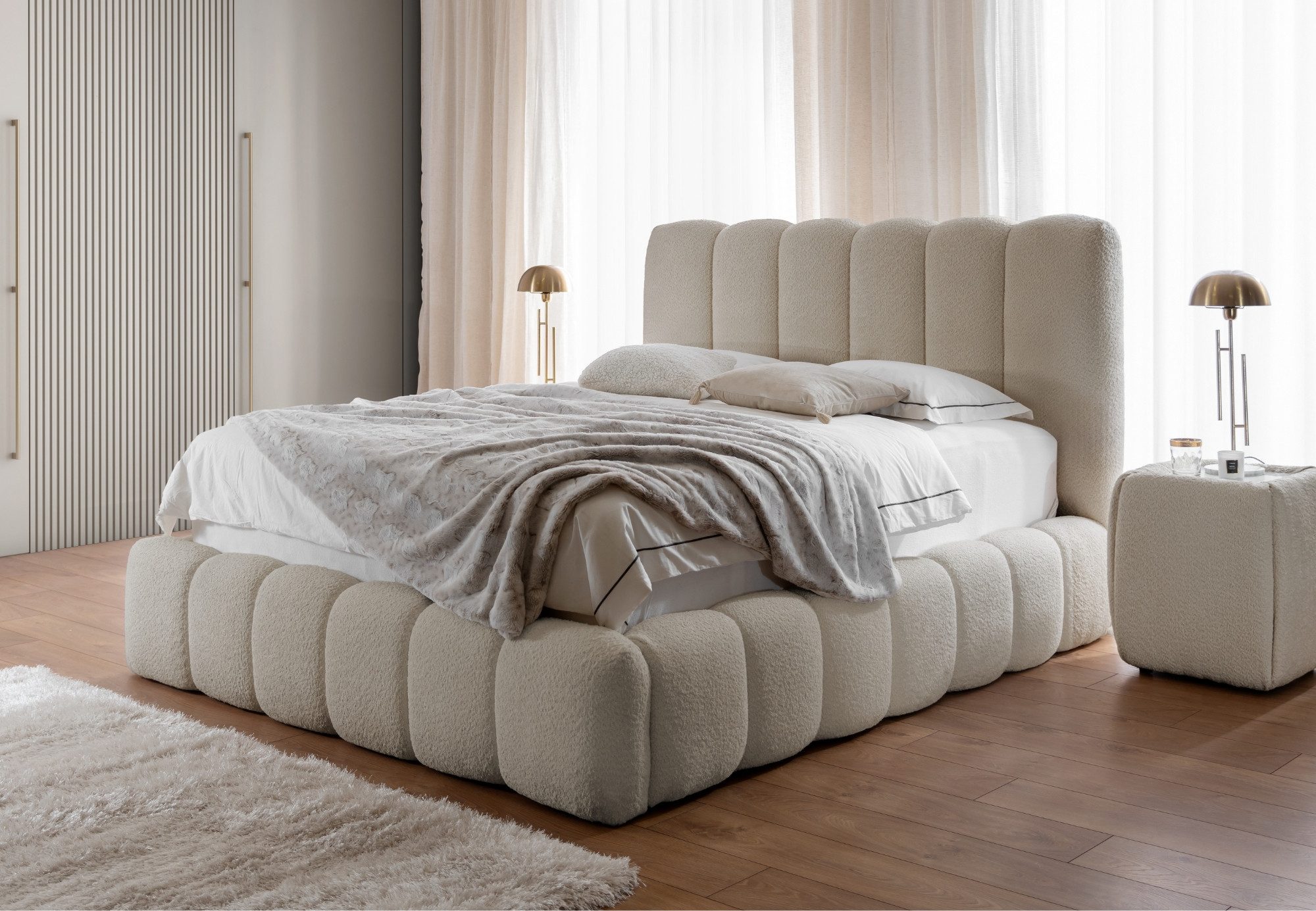 Home Collective Polsterbett Doppelbett Bubble Bettgestell mit Lattenrost und Stauraum Bouclé-Bezug (Verfügbare Größen:120x200, 140x200, 160x200, 180x200, 200x200 cm), modernes Design mit Steppung im Bouclé-Look Beige