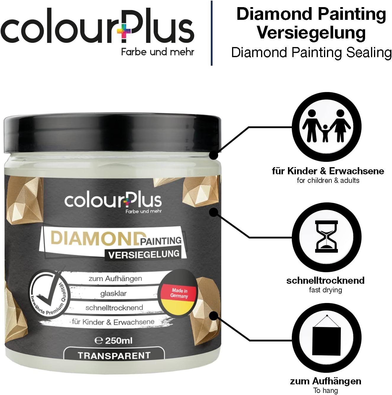 ColourPlus Bastelkleber Diamond Painting Versiegelung, glasklar, hochtransparent, Staubschutz, Glanzeffekt, inkl. Pinsel