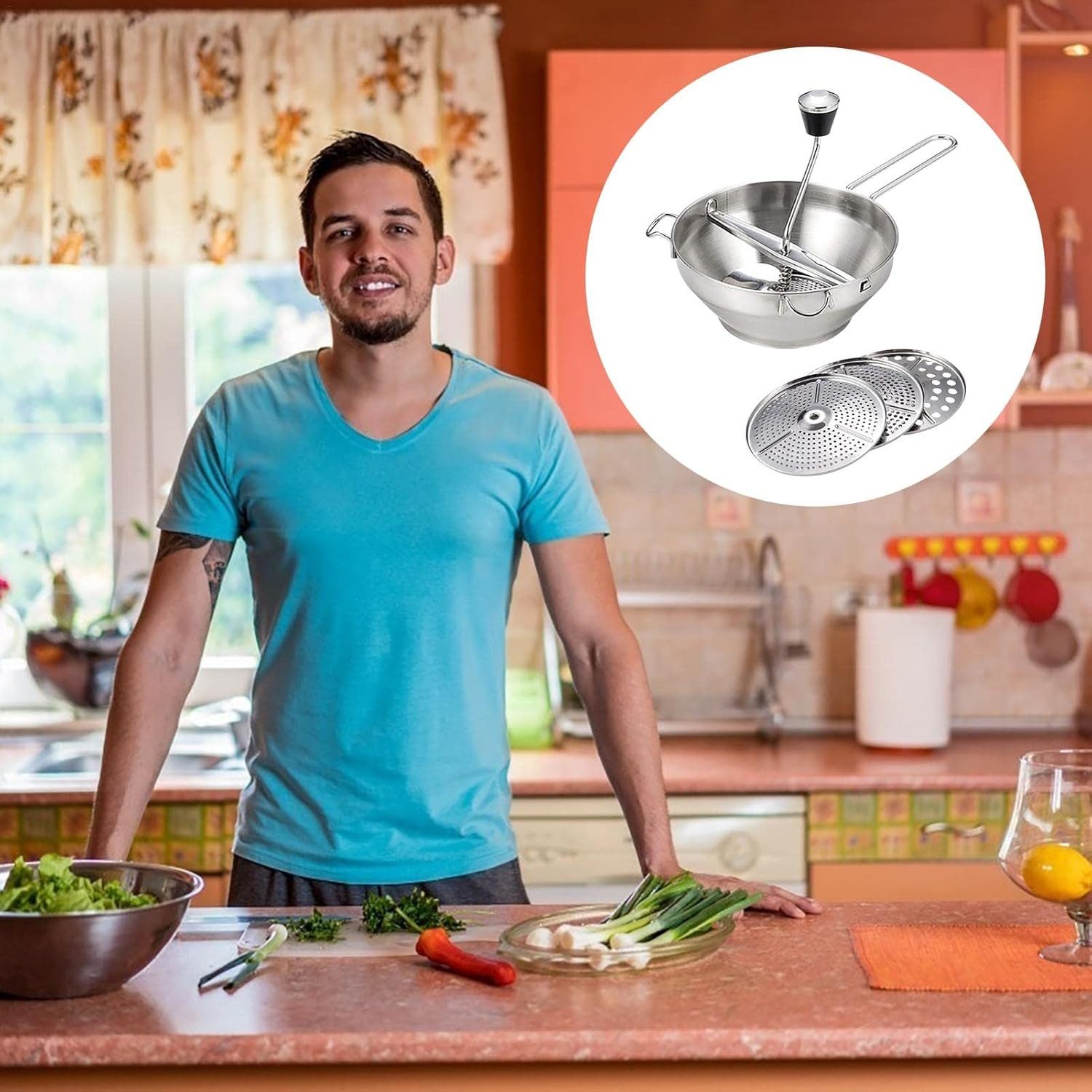 MC Star Passiersieb Passiergerät Edelstahl mit 3 Siebeinsatz Passiermühle, (manueller Handgrinder für Babynahrung, Gemüse & Tomatensoße)