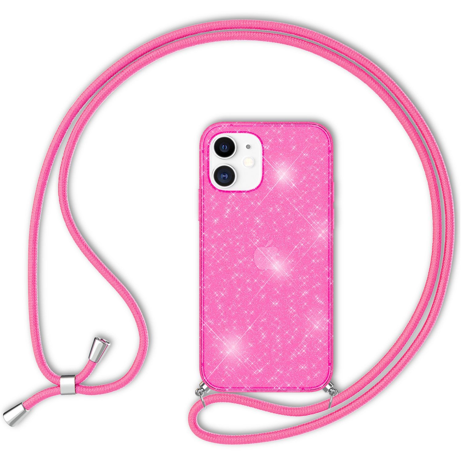 Nalia Backcover Apple iPhone 12 Mini 13,7 cm (5,4 Zoll), Neon Glitzer Silikon Hülle mit Kette / Cover & Handyband zum Umhängen