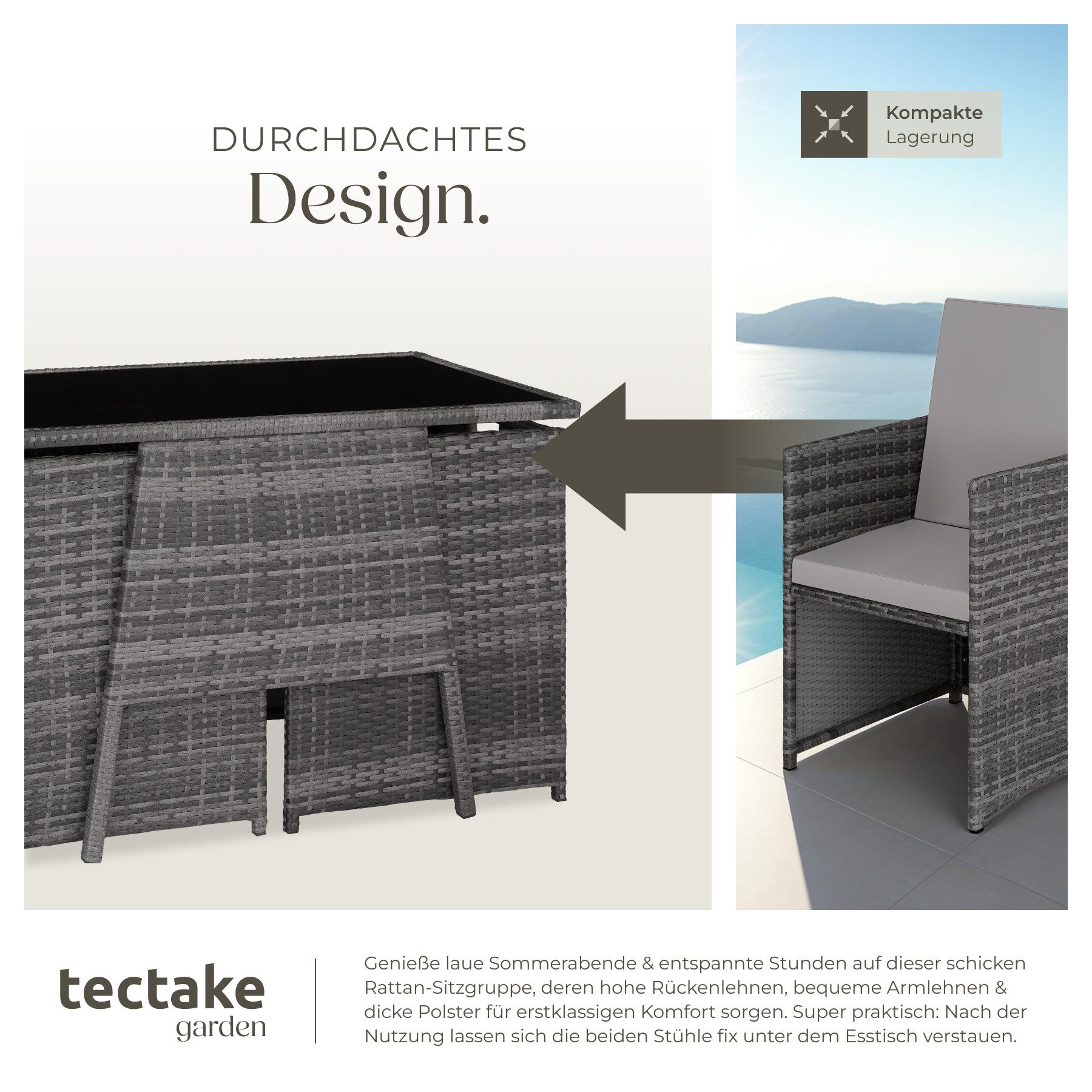 tectake Sitzgruppe Rattan Gartenlounge für 2 Personen, zusammenschiebbar, (Loungeset Lausanne, 3-tlg., für Außen in Grau), widerstandsfähig, UV-beständig, mit S – Bild 4 von 5