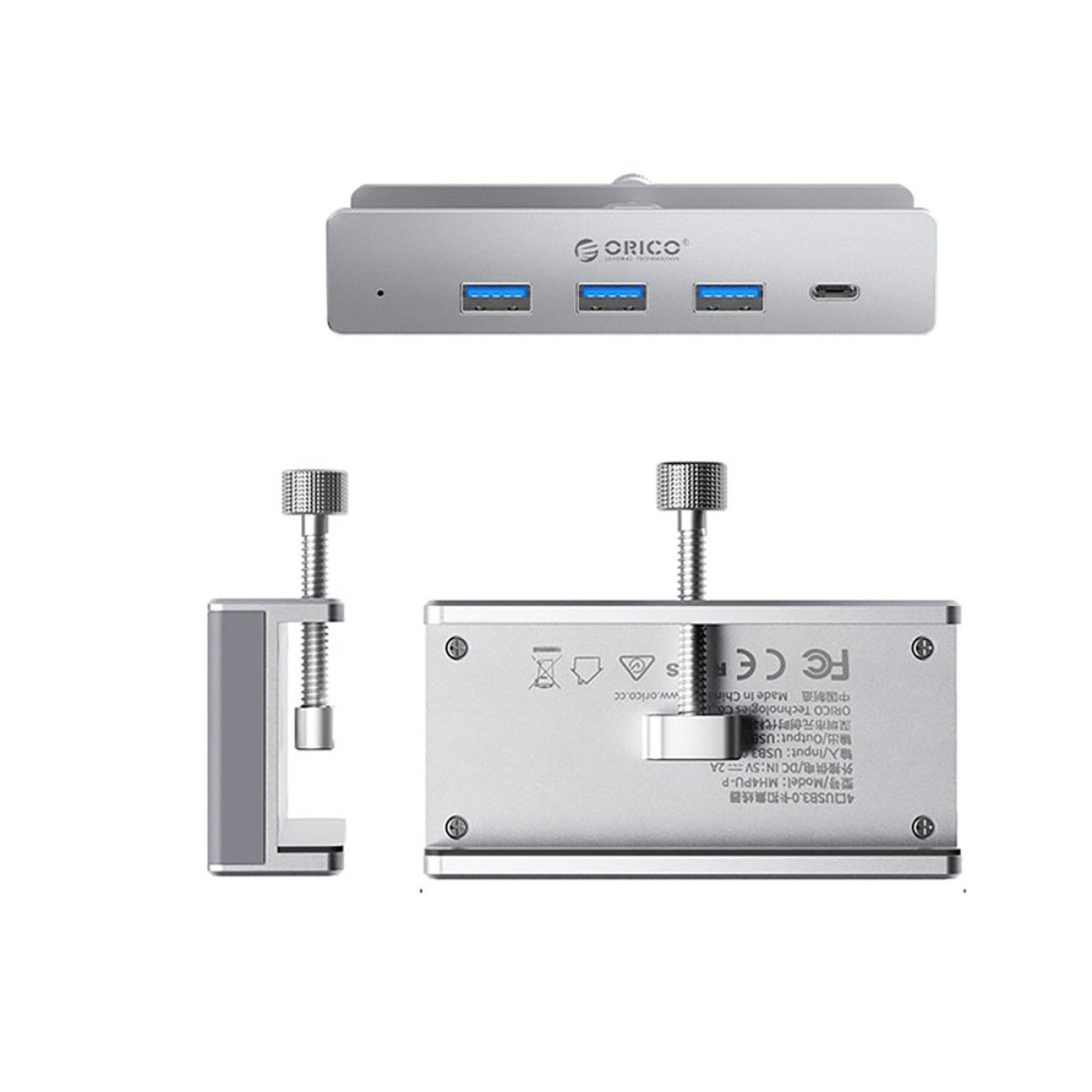 ORICO MH4PC Hub USB-Adapter USB-C zu USB-A, USB-C, Klemmhalterung für platzsparende Montage und schnellen Zugriff