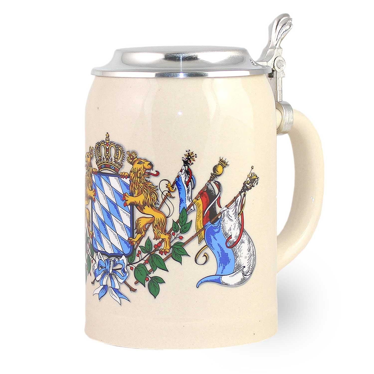 Bavariashop Bierkrug Steinkrug Bayern mit Deckel • Bierkrug mit Wappen • 0,5 Liter, Steinzeug