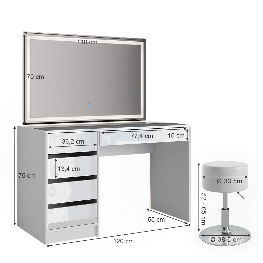 Vicco Schminktisch Sherry, Weiß Hochglanz, 120 cm mit LED-Spiegel und Hocker (3-St)