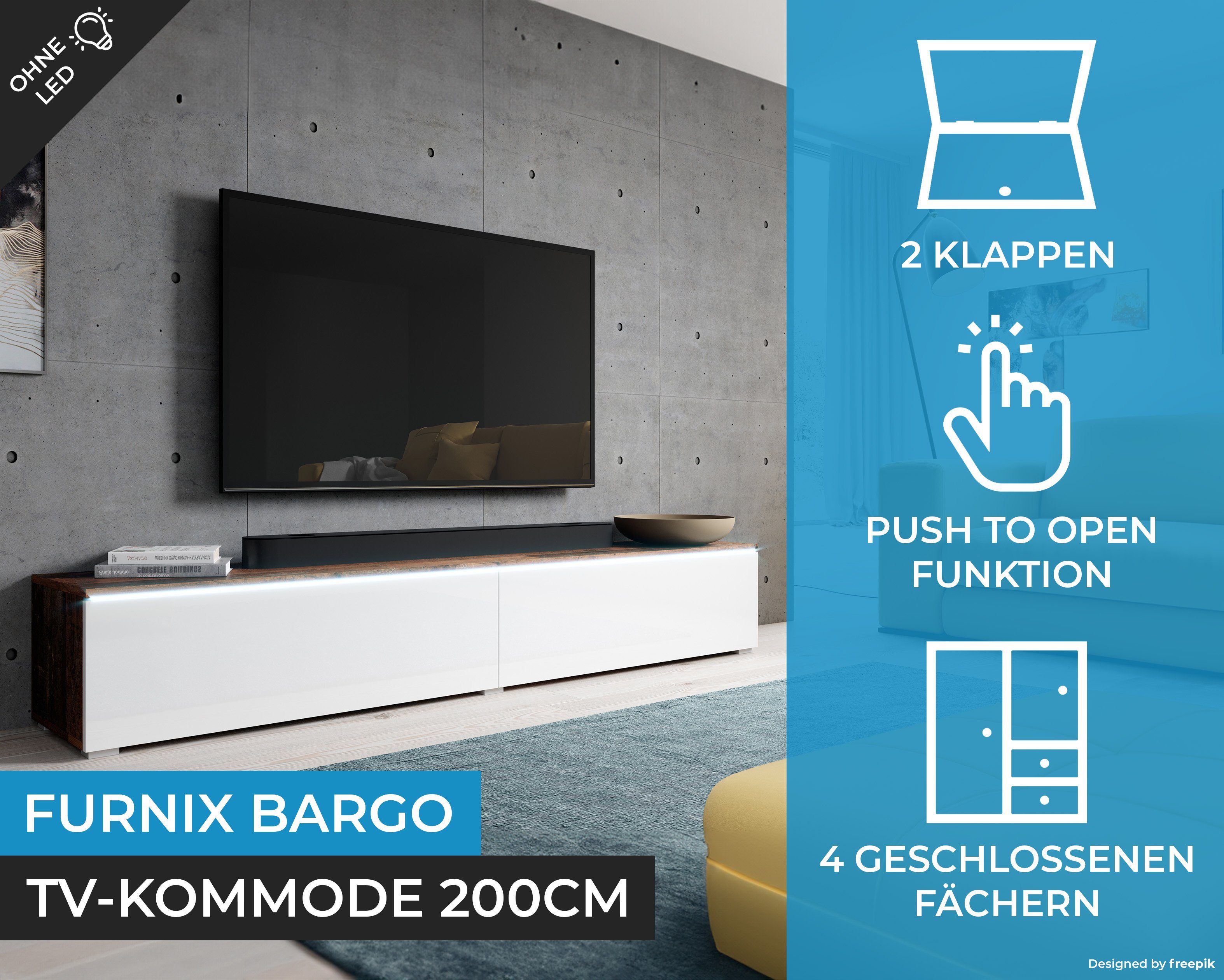 T32 100 x BARGO Hochglanz Schrank x TV-Bank cm, cm) Furnix Lowboard (2 TV-Kommode Fächer, 4 B200 wood/Weiß old x LED H34 ohne freistehend,