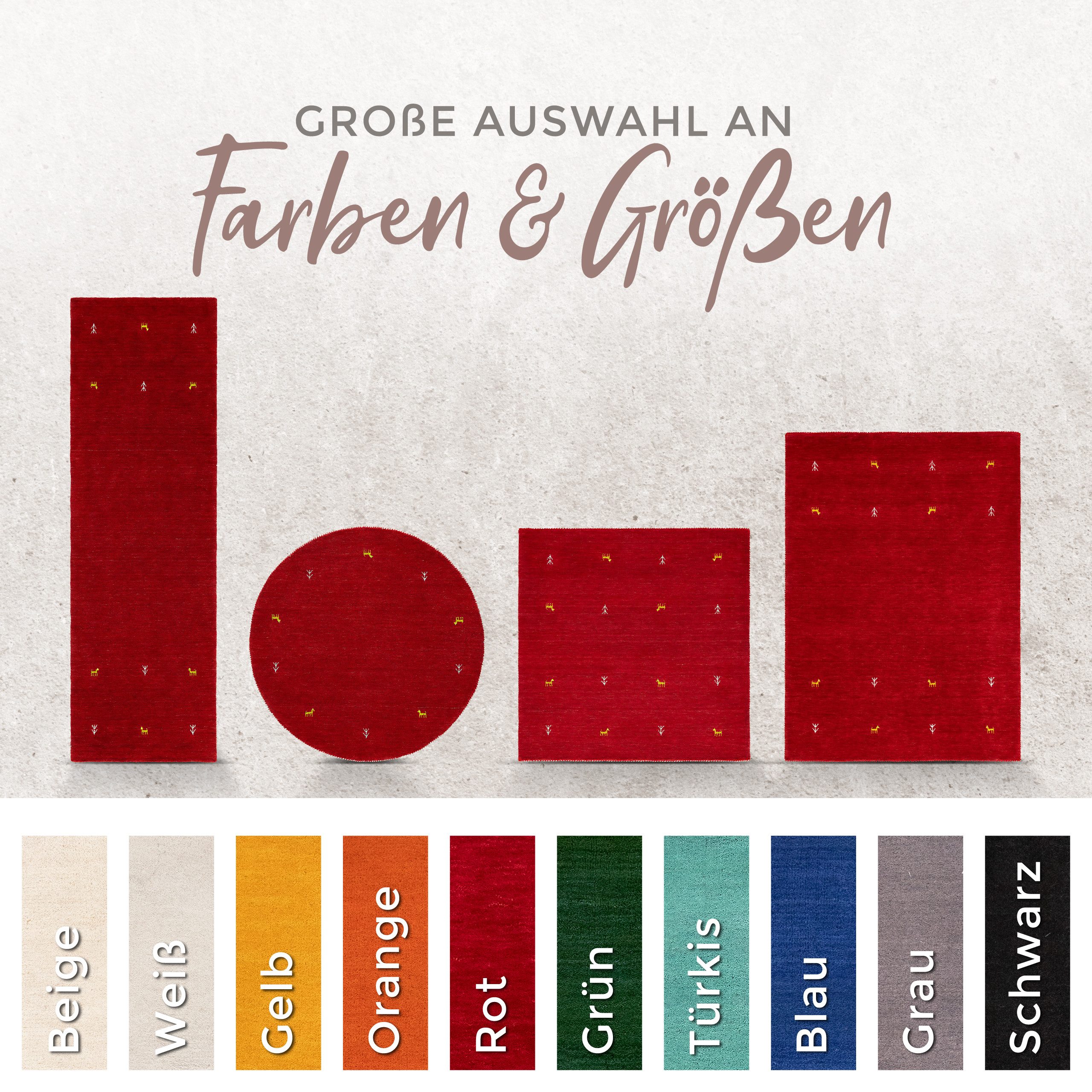 carpetfine Wollteppich Gabbeh-Uni, quadratisch, Höhe: 15 mm, reine Wolle, handgewebt, Gabbeh Loom Tiermotiv, Sonderform Quadrat