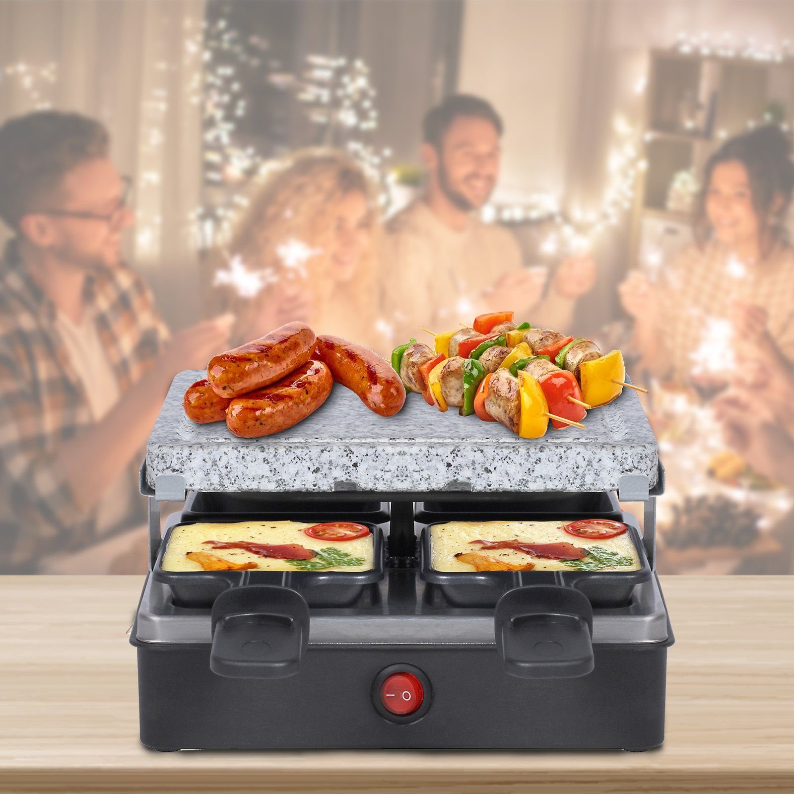 bmf-versand Raclette Raclette 4 Personen Tischgrill Elektrogrill Heißer Stein, 4 Raclettepfännchen, 600,00 W, Naturgrillstein, antihaftbeschichtete Pfännchen