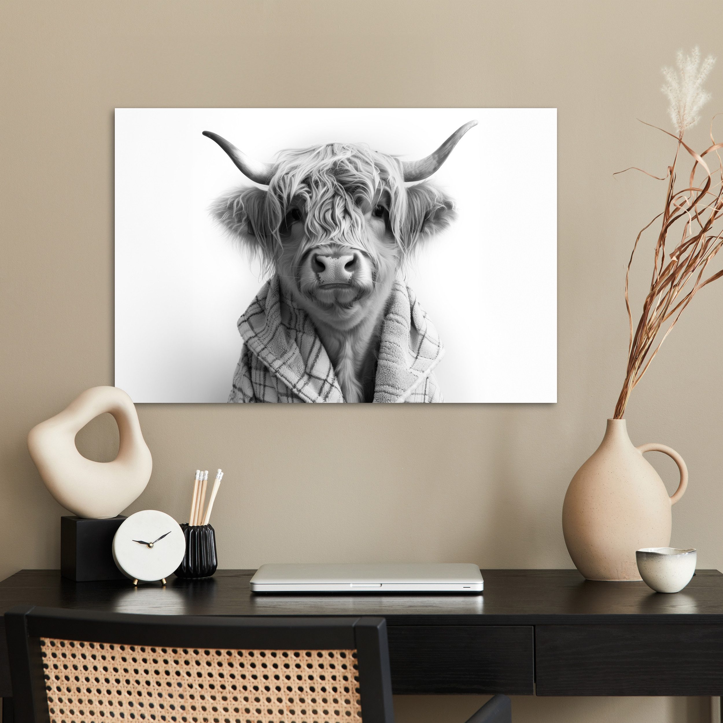 MuchoWow Poster Schottischer Highlander - Kuh - Bademantel - Schwarz und weiß, (1 St), Poster ohne Rahmen, Wandbild, Wandposter, 60x40 cm
