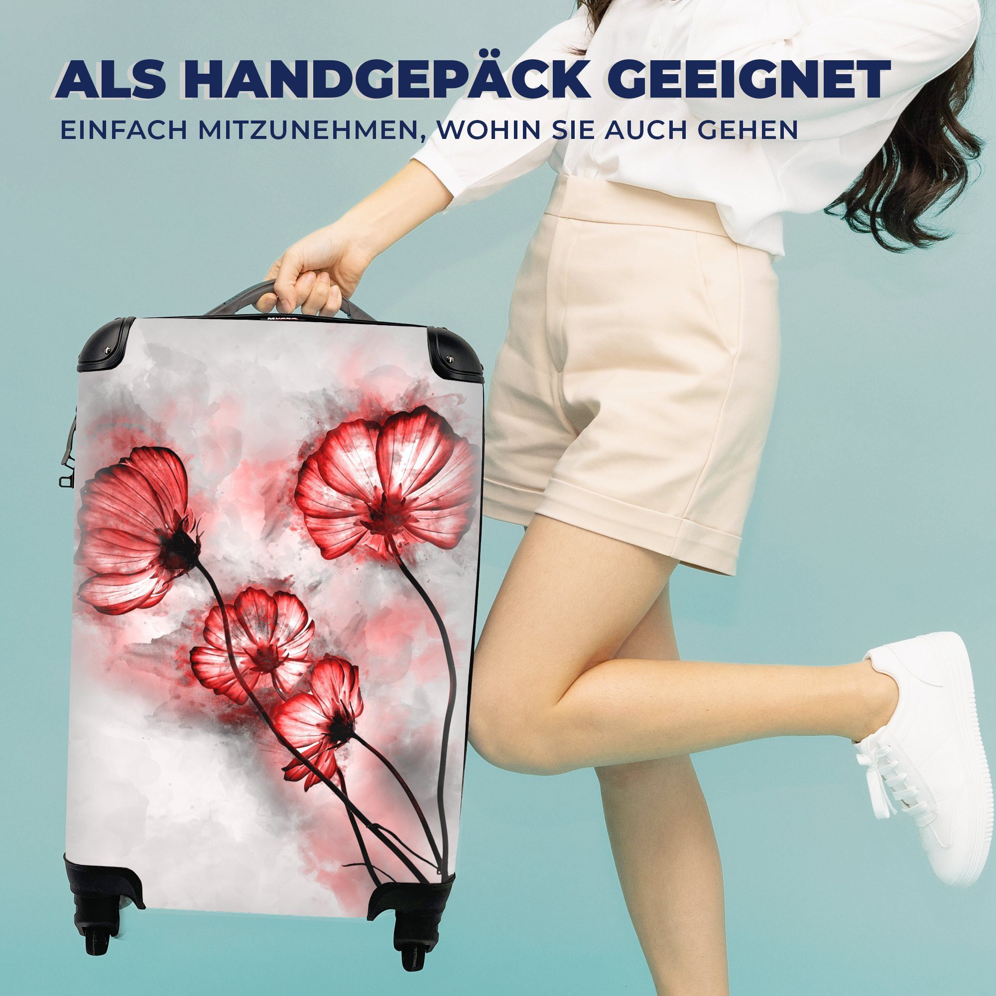 Aquarell Handgepäckkoffer - MuchoWow Rot, Reisetasche mit Rollen, Blumen Ferien, Reisekoffer Handgepäck rollen, für Trolley, 4 -