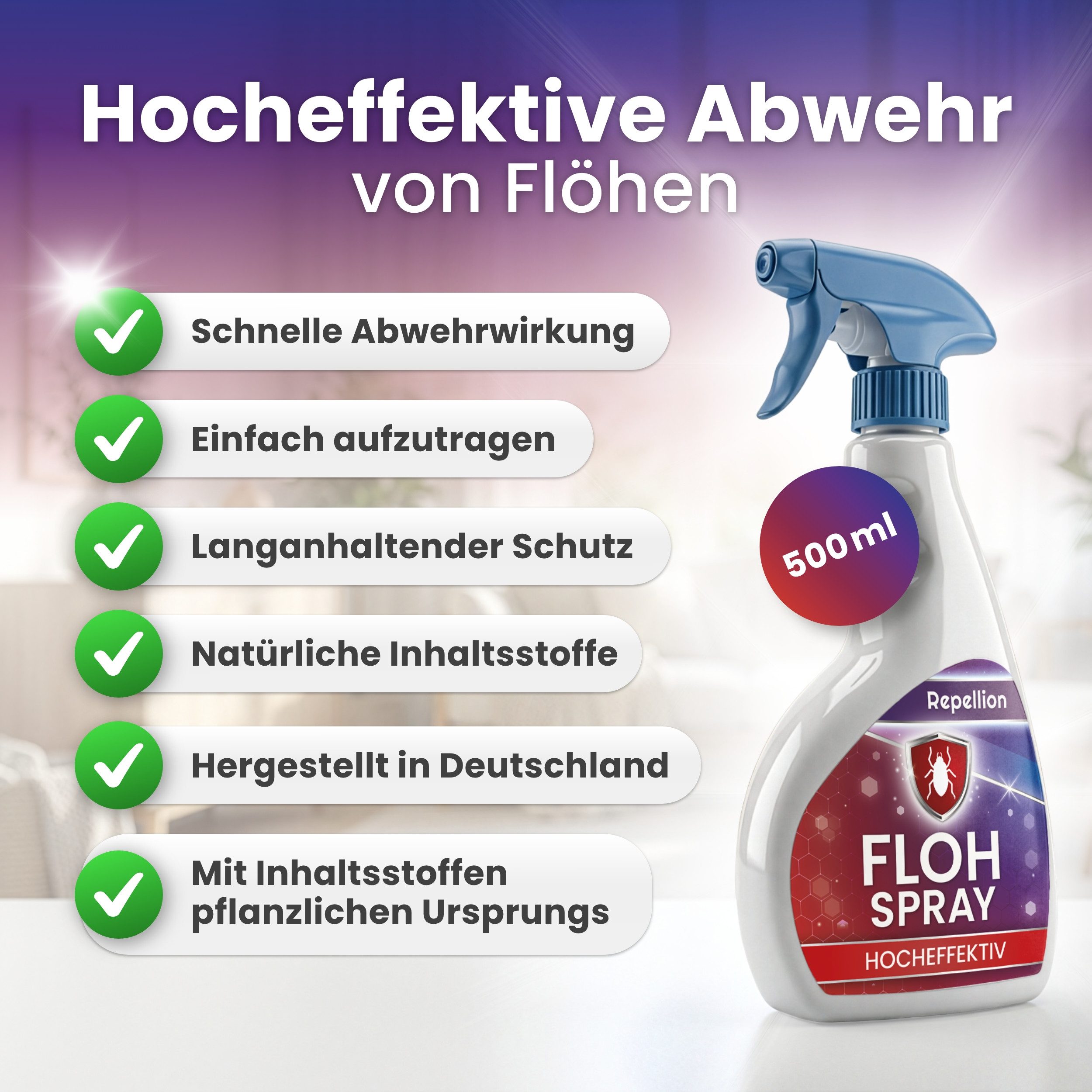 Repellion Insektenspray Anti Floh Spray - Flohspray für Wohnung & Umgebung - Flohmittel, 500 ml, Für Teppiche, Polster & Tierumfeld gegen Flöhe, Larven & Ungeziefer