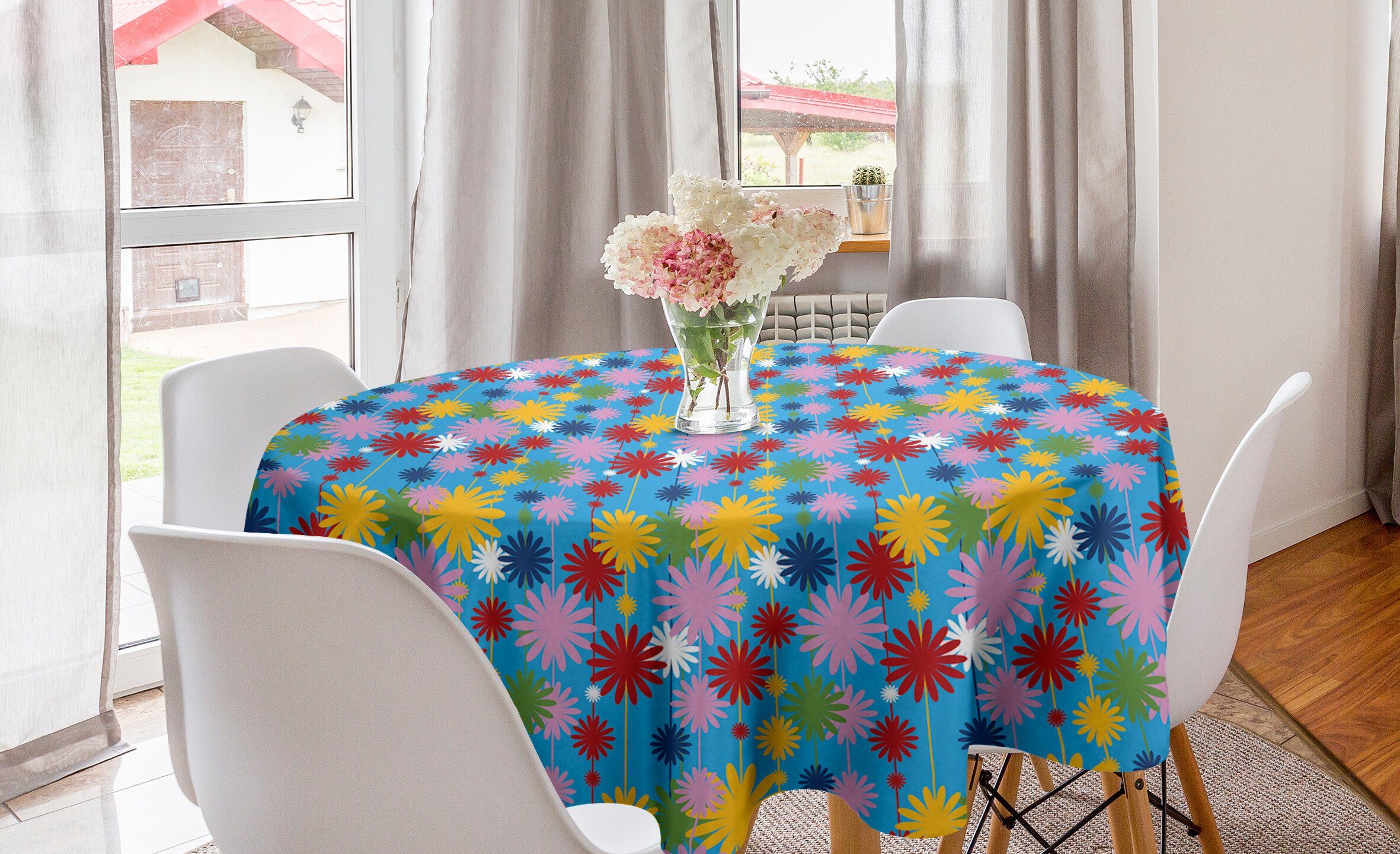 Abakuhaus Tischdecke Kreis Tischdecke Abdeckung für Esszimmer Küche Dekoration, Bunt Childish Surreal Blumen | Tischdecken