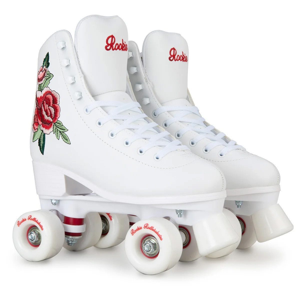 ROOKIE Roller Skates Rollschuhe Rosa, mit gesticktem Rosen-Design