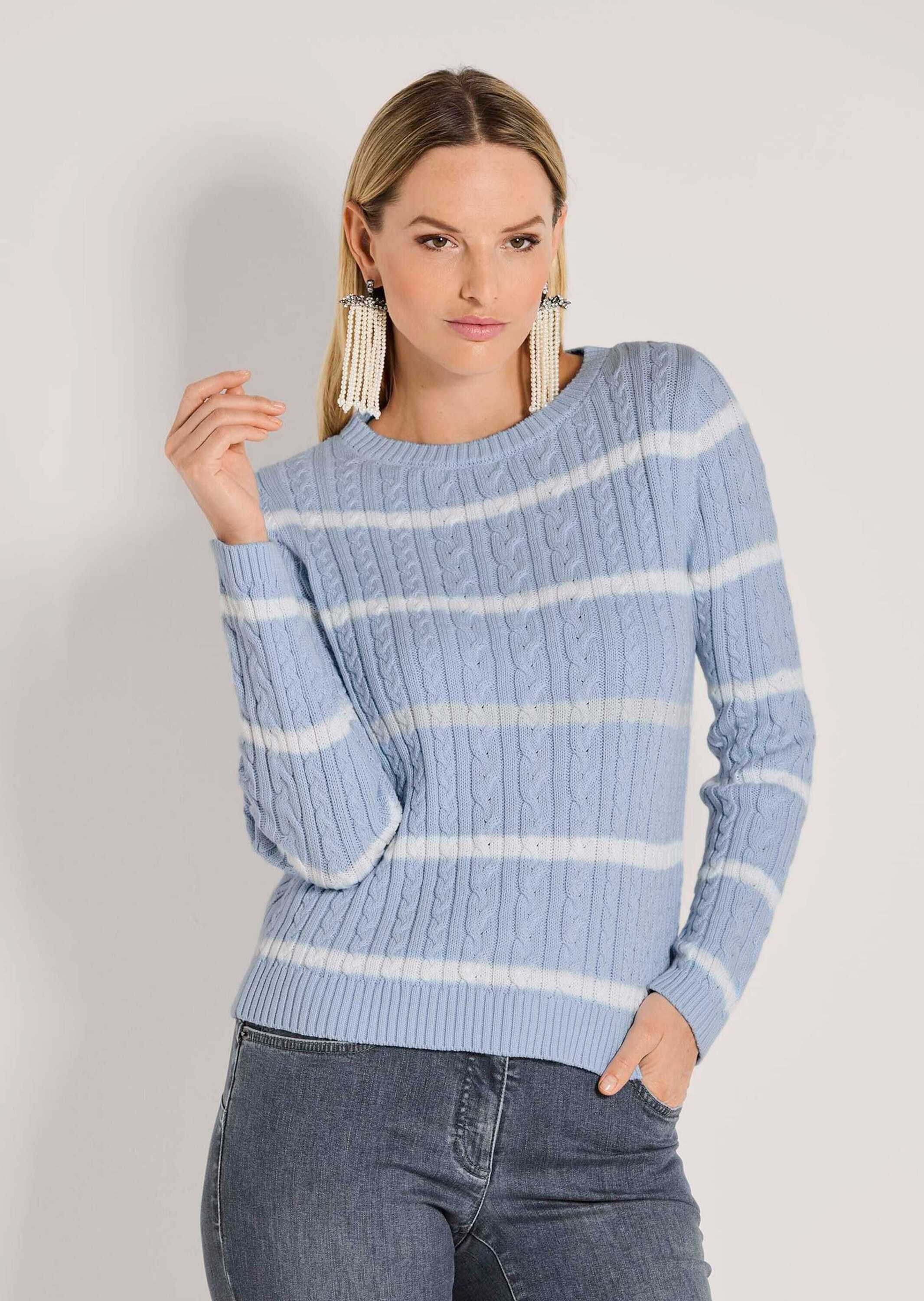 MADELEINE Strickpullover Moderner Baumwollpullover mit Zopfmuster und Ringel-Design Kurz geschnittener Herbstpullover mit Rundhals und Langarm