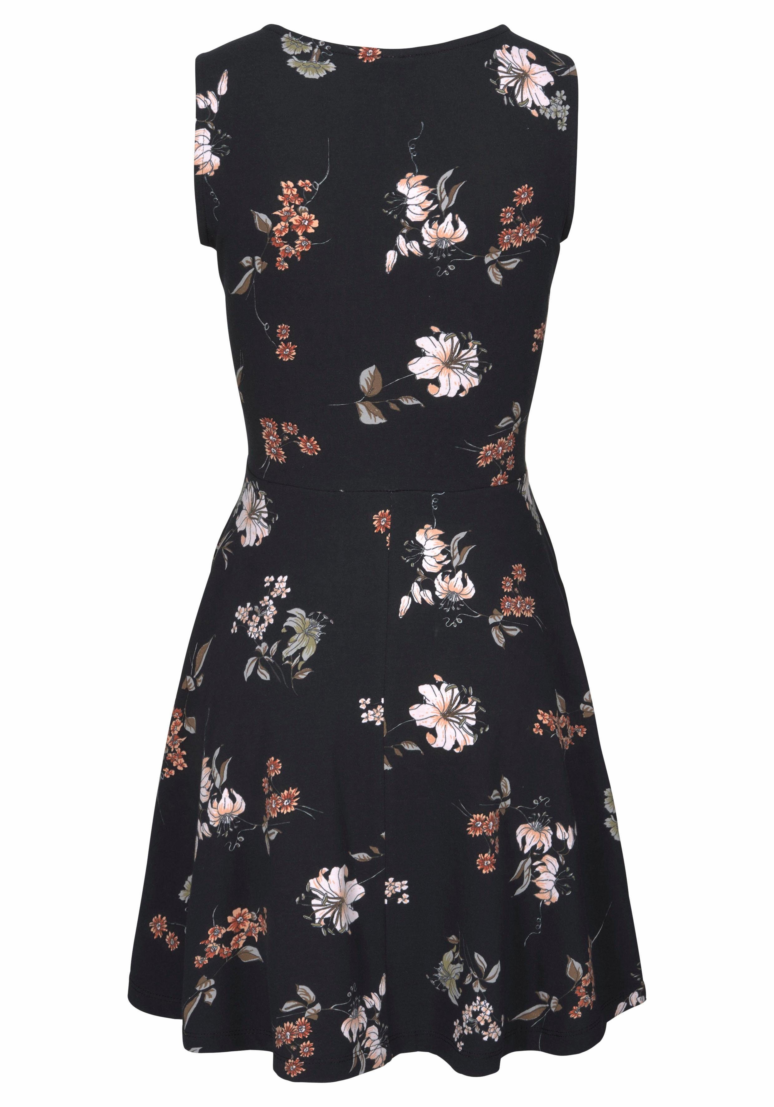 Beachtime by Lascana Jerseykleid mit Blumenprint, Minikleid, Druckkleid, taillierte Form Sommerkleid aus Baumwolle, Strandkleid, mit ausgestelltem Rockteil – Bild 4 von 5
