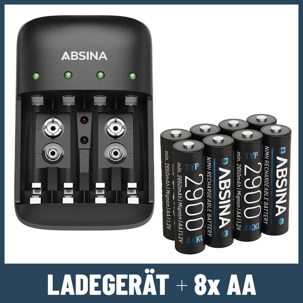 ABSINA Akku Ladegerät X4 für AA, AAA & 9V - Akkuladegerät inkl 8x AA Akkus Rundzellen-Lader (1-tlg)