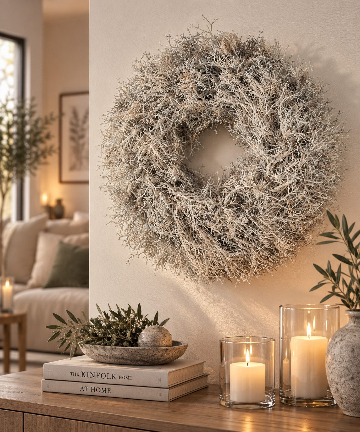 finehomegarden Dekokranz Iron Busch Kranz Ø35 cm Weiß Dekorativer Naturkranz als Türkranz Deko, Wandkranz & Tischdeko – Rustikale Herbstdekoration – Bild 4 von 4