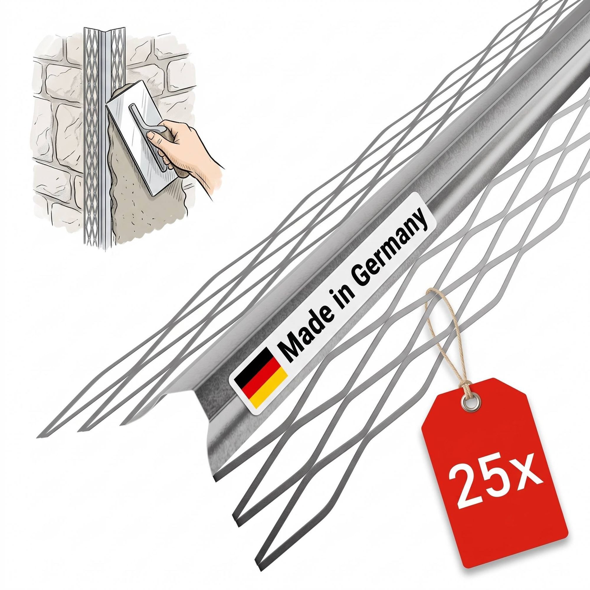 PROTEKTOR Profil 1007 Kantenprofil Innenputz (150 cm, 25 Stück, silber, 25-St), 10 mm Putzstärke, Innenputz Trockenbau, korrosionsbeständig