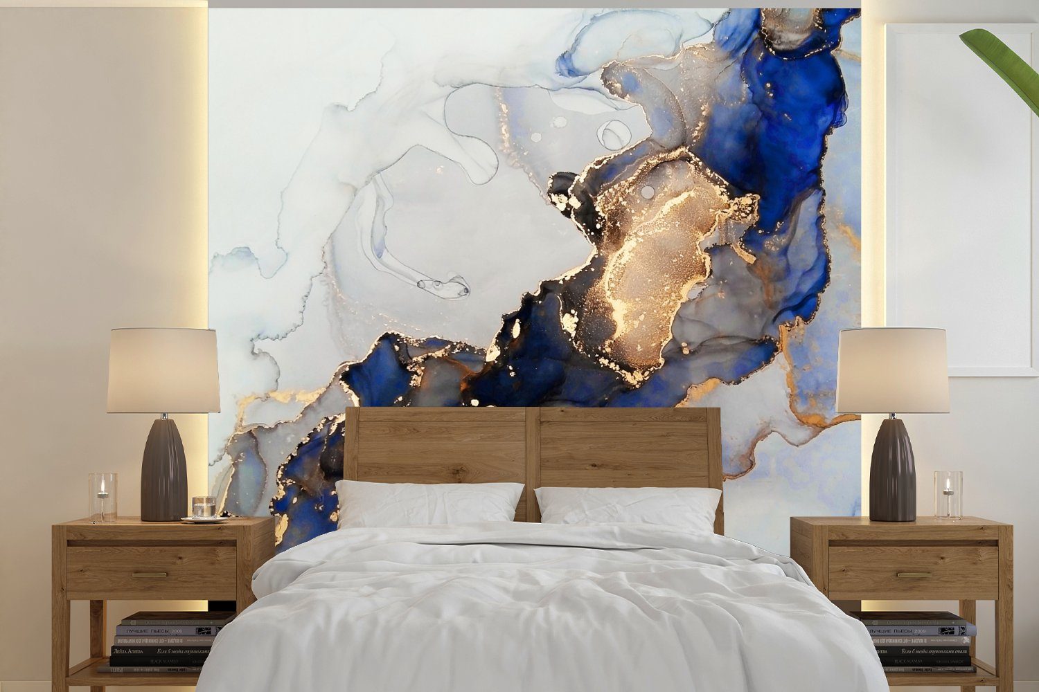 MuchoWow Fototapete Marmor - Blau - Gold, Matt, bedruckt, (4 St), Vliestapete für Wohnzimmer Schlafzimmer Küche, Fototapete | Fototapeten