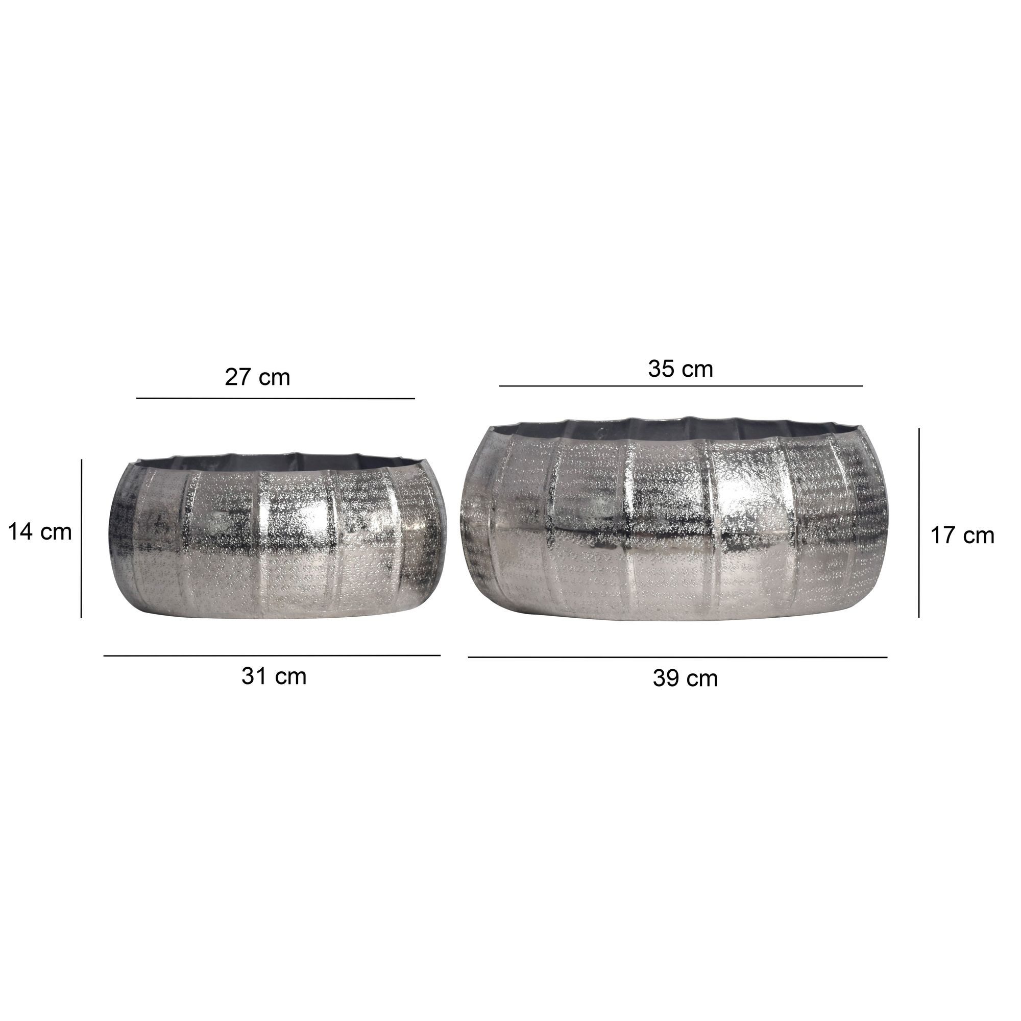 FINEBUY Blumentopf FB65136 Pflanzgefäß 2er Set Metall Schale Deko Rund Hammerschlag (Pflanzenkübel 2-teilig, Blumenkübel Pflanzgefäß), Blumenschale 2er Set Metall Silber Rund