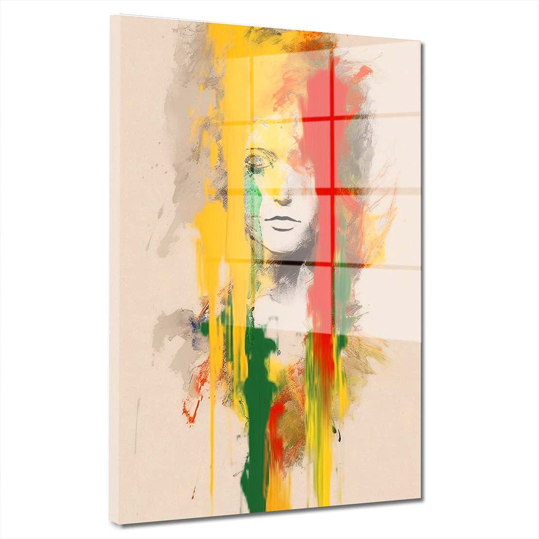 Artedinoi Acrylglasbild Gesicht Gelb Acrylglasbild Wandbild Abstrakt Portrait Modern XXL, Abstrahiertes Frauengesicht in leuchtendem Gelb.