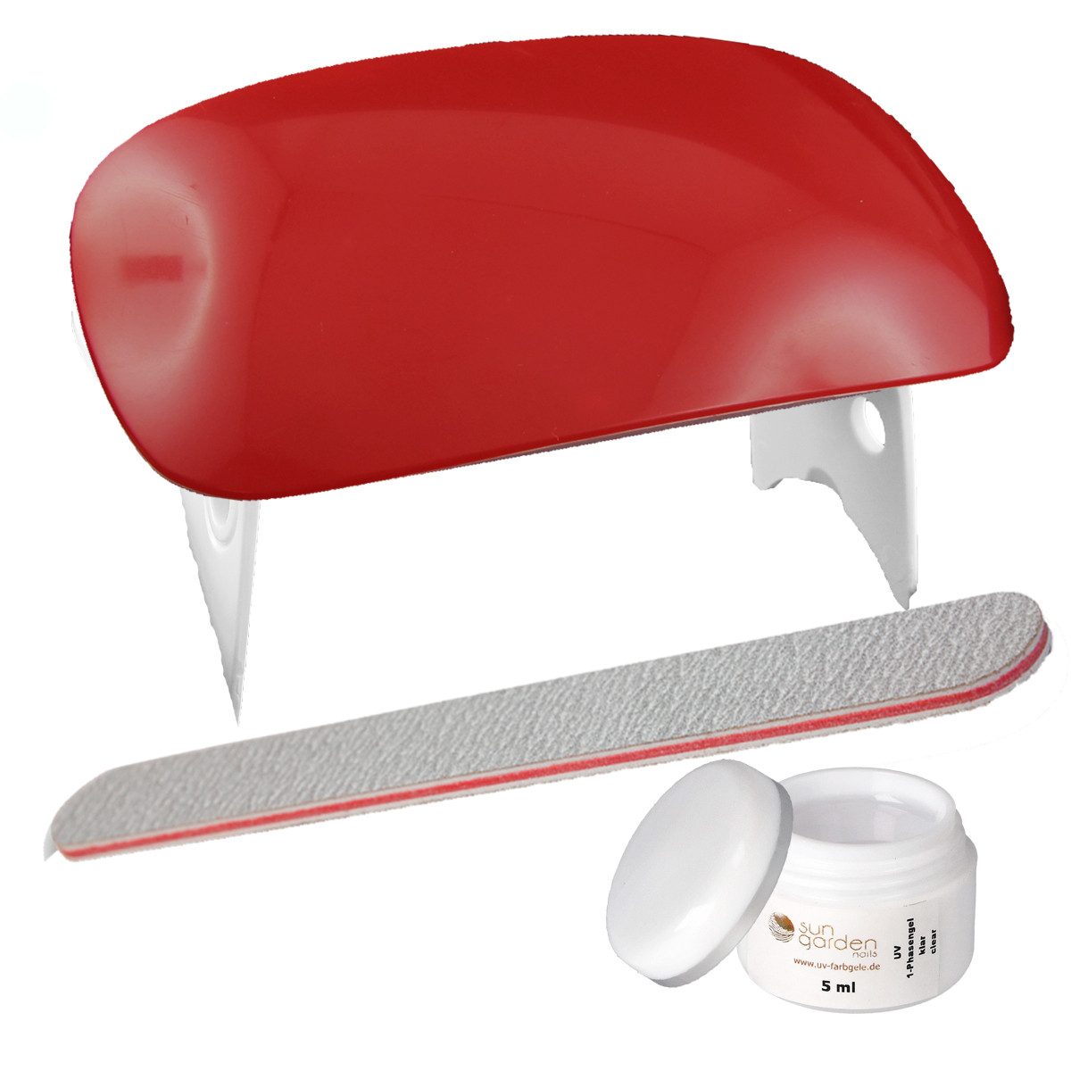 Sun Garden Nails Lichthärtungsgerät Reise LED/UV Nagellampe Mini rot 6W inkl. 1-Phasengel 5 ml Feile