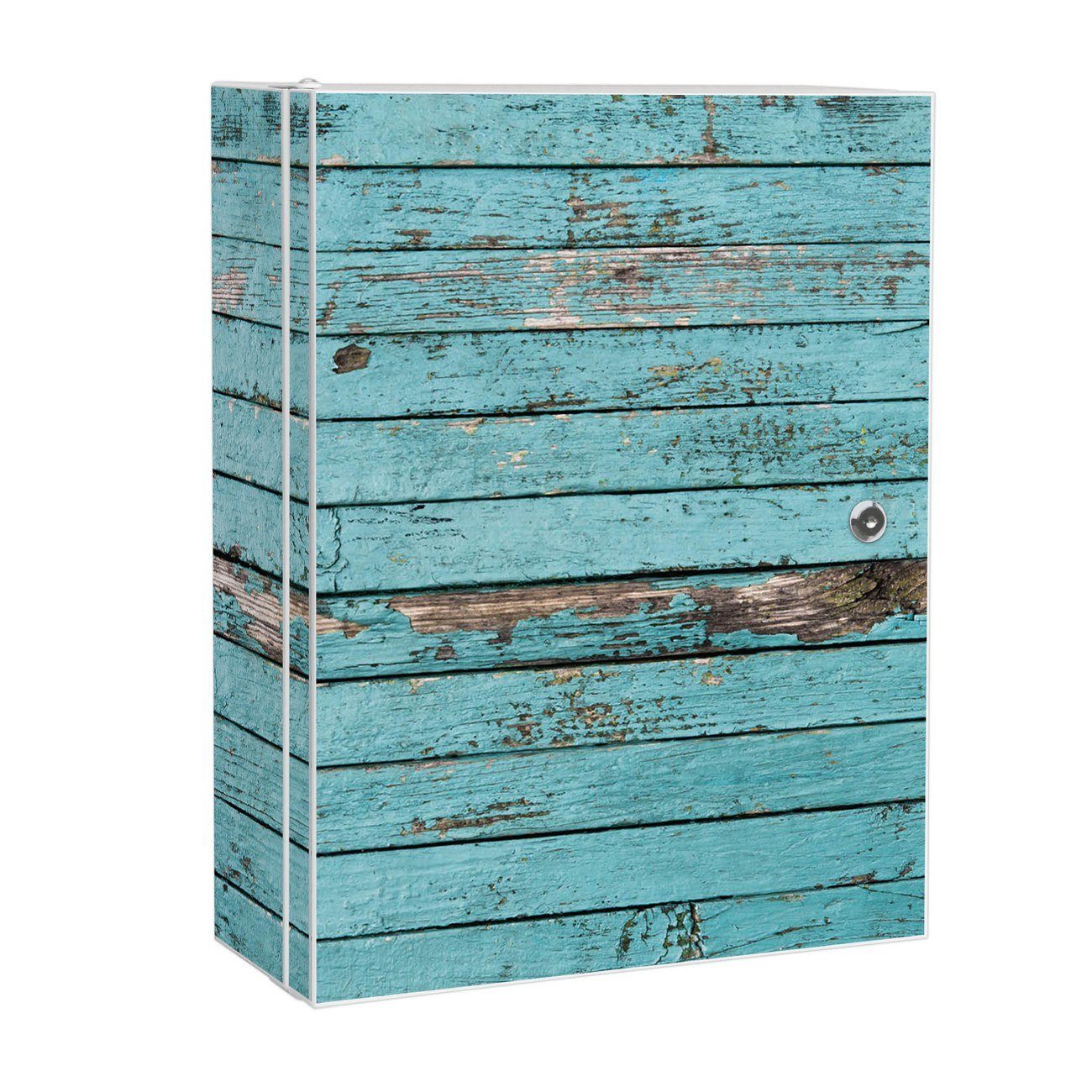 banjado Medizinschrank Stahl Blaue Holzlatten (abschließbar, 3 große und 2 kleine Fächer) 35 x 46 x 15cm weiß