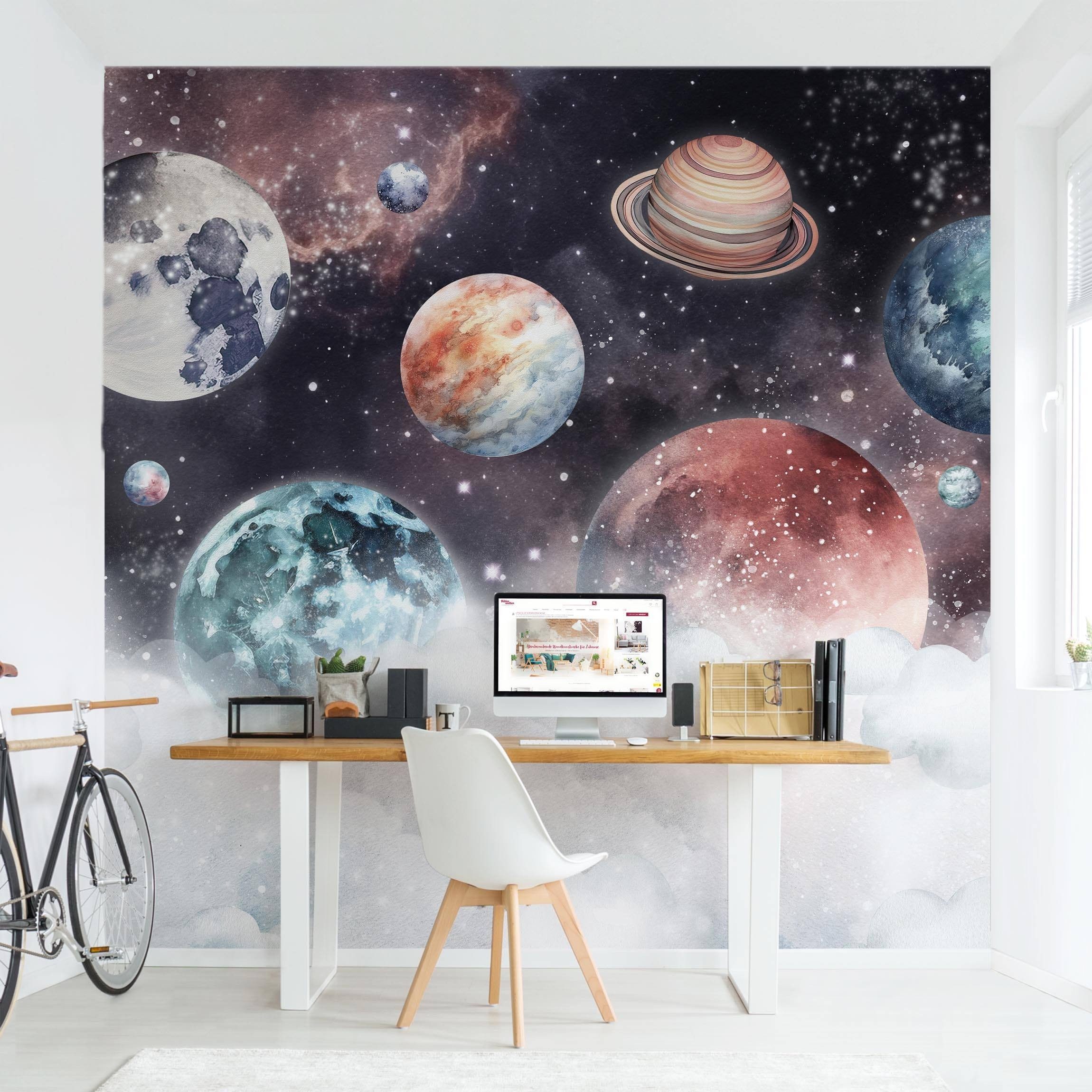 Bilderdepot24 Kindertapete Universum Wolken Aquarell Kinder Kunst Himmel Sterne beige modern, Glatt, Matt, (Vliestapete inkl. Kleister oder selbstklebend), Mädchenzimmer Jungenzimmer Babyzimmer Bildtapete Fototapete Wandtapete