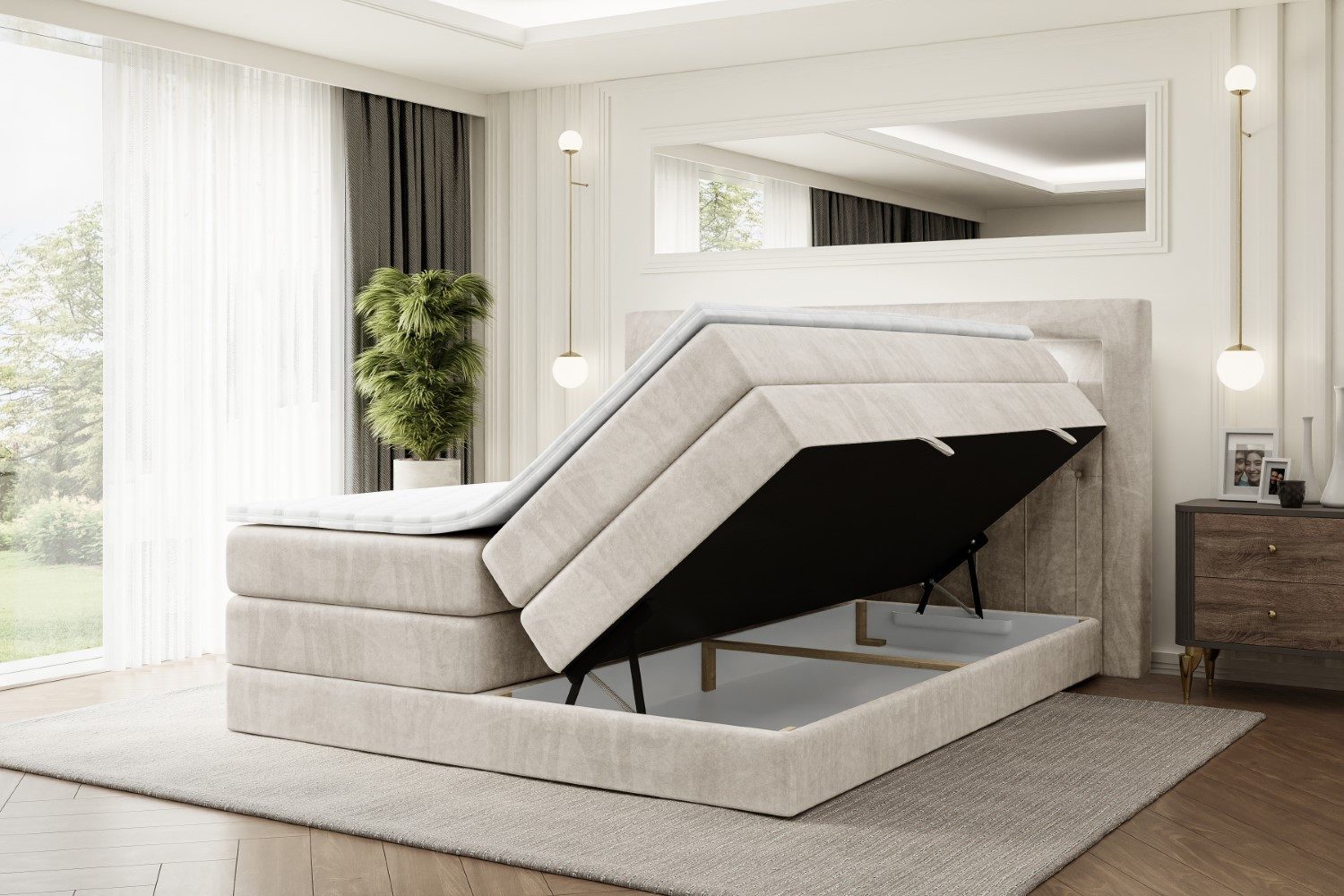 ALTDECOR Boxspringbett NOEL GOLD KING (mit Matratze und Lattenrost Topper Polsterbett mit Bettkasten Boxbett), H4 Multipocket, H3 Bonellfederung, Doppelbett Springboxbett