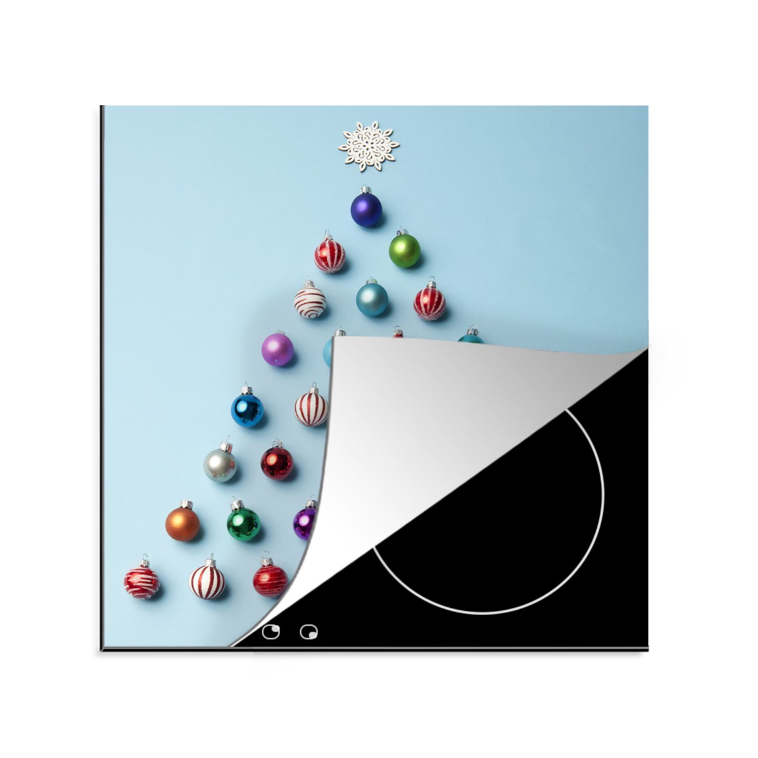 auf MuchoWow Arbeitsplatte Hintergrund, Herdblende-/Abdeckplatte Ceranfeldabdeckung, Weihnachtsbaum küche Kugeln Vinyl, für tlg), Ein 78x78 hellblauem aus (1 cm,