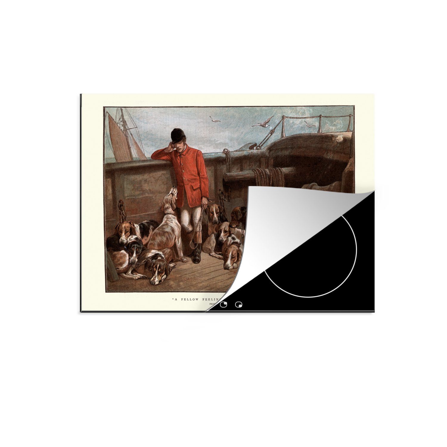MuchoWow Herdblende-/Abdeckplatte Eine Illustration eines Jägers mit seinen Jagdhunden, Vinyl, (1 tlg), 70x52 cm, Mobile Arbeitsfläche nutzbar, Ceranfeldabdeckung | Herdabdeckplatten