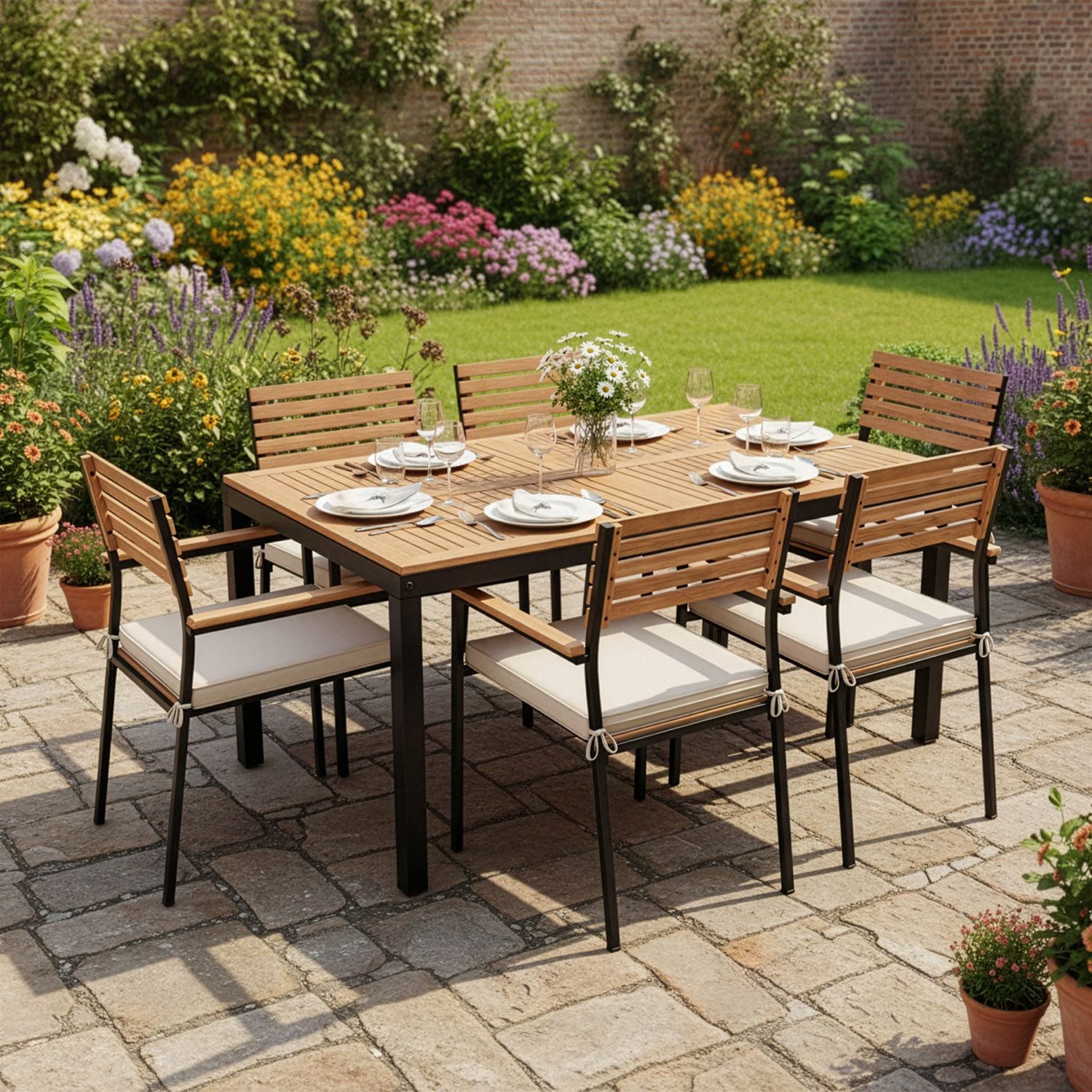 Juskys Gartenlounge-Set Rhodos, (Set, 7-tlg., Sitzgruppe), mit Tisch, 6 Stühlen & Kissen, elegante Holzelemente