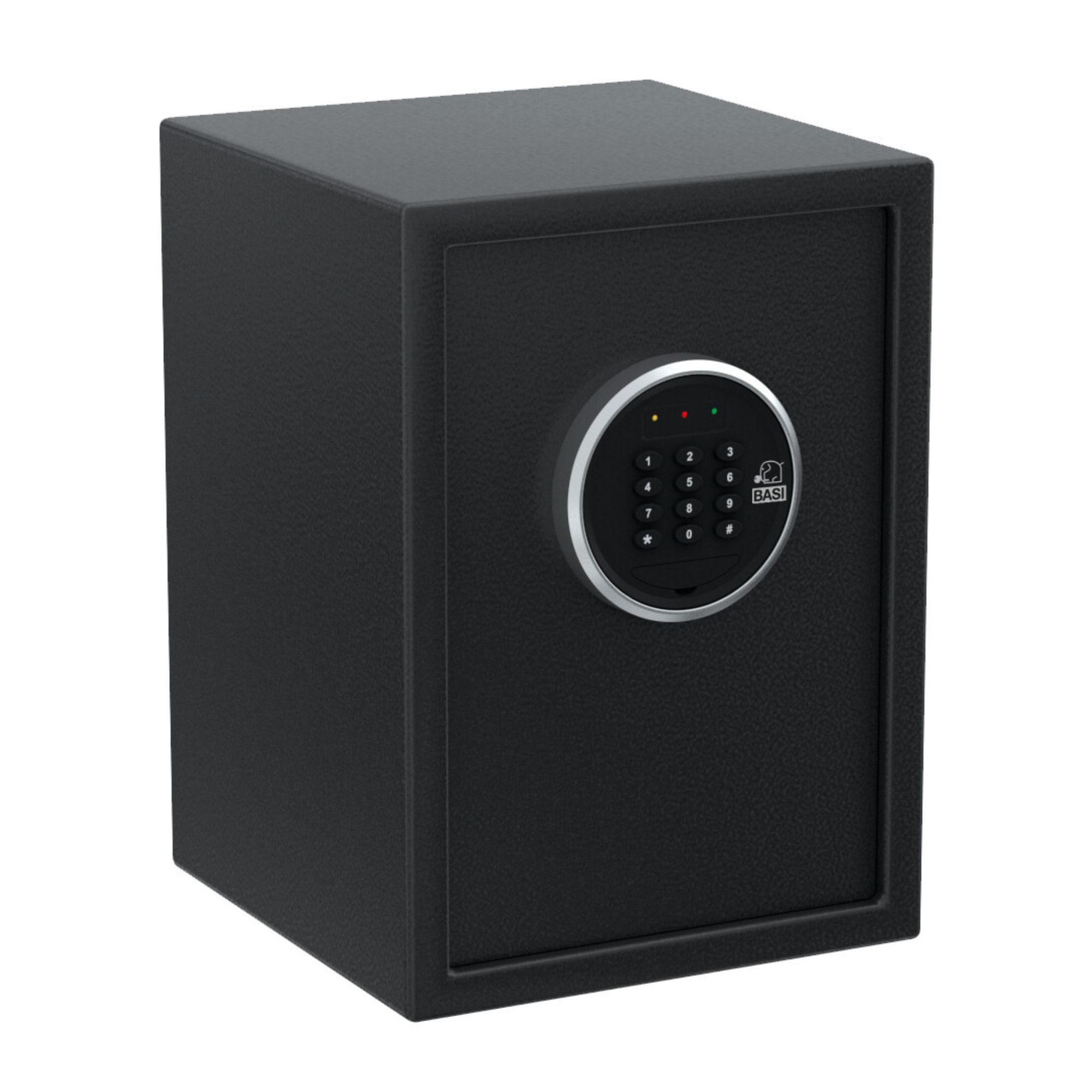 BASI Tresor Elektrischer Tresor mit Zahlenschloss (Packung), Zahlencode, Doppelbolzen-Verriegelung, Notschlüssel, Notstromaggregat