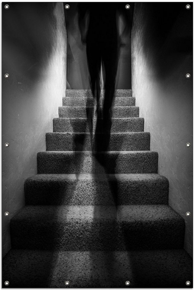 Thumbnail - Wallario Sichtschutzzaunmatten Mysteriöse Treppe mit Schattenfigur - Schwarzweiß, rund