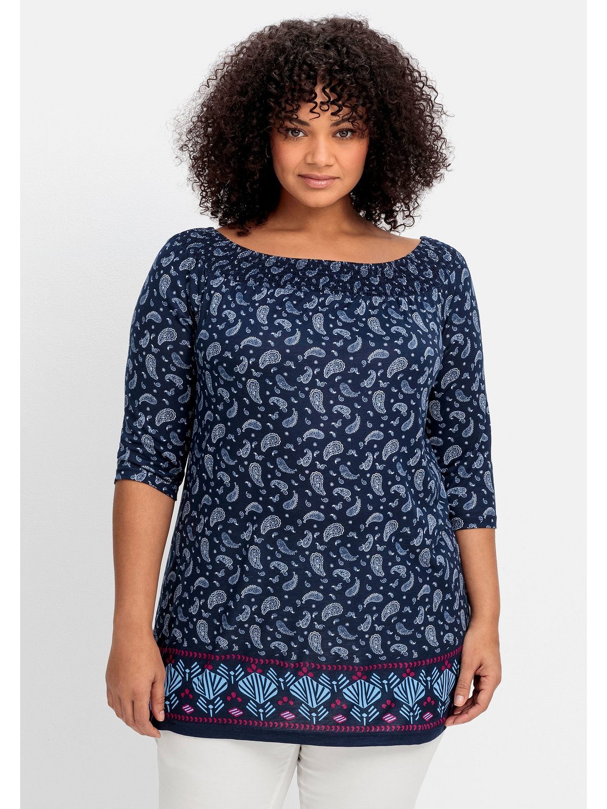 Sheego 3/4-Arm-Shirt Große Größen mit Paisleyprint und Bordürendruck nachtblau gemustert | Longshirts