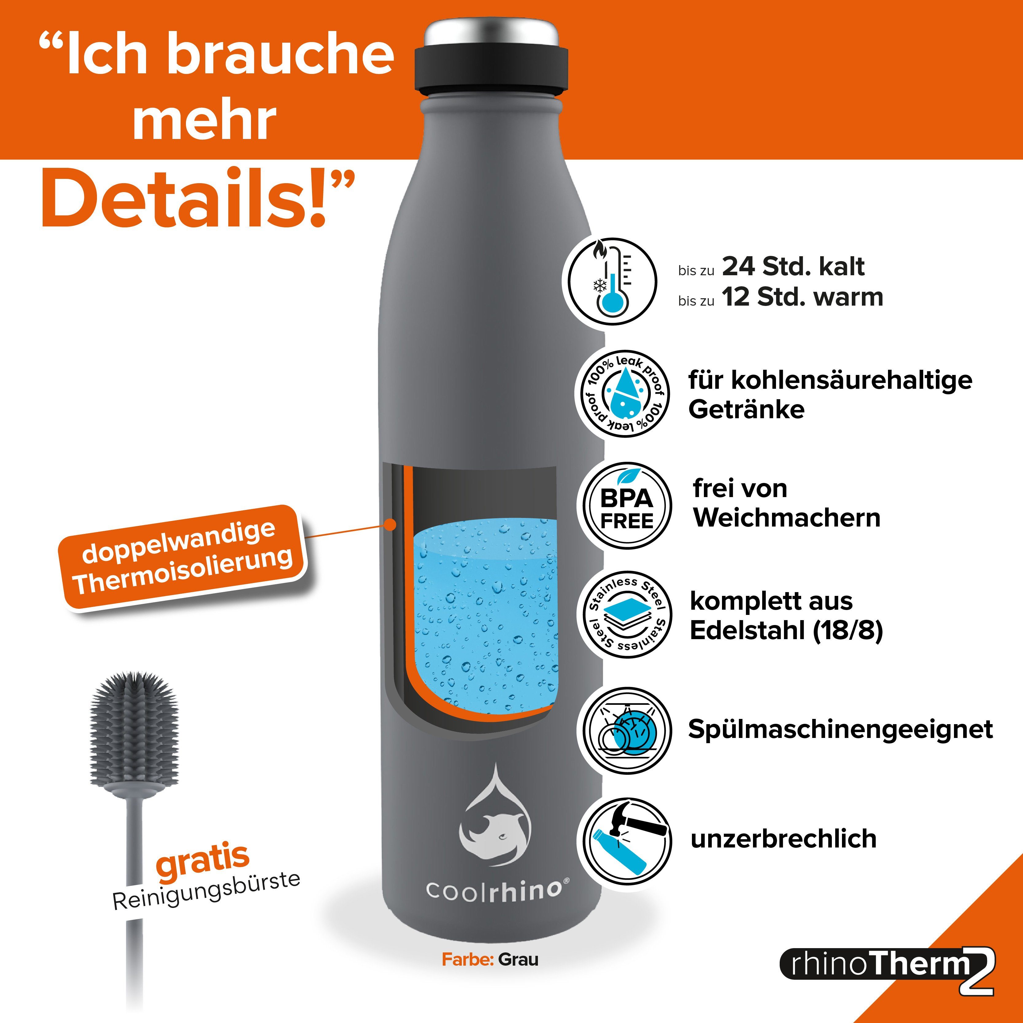 liter, Isolierflasche Trinkflasche Edelstahl mit 500 frei ml Spülmaschinenfest Reinigungsbürste, BPA rhinoTherm2 / 1 coolrhino Thermosflasche