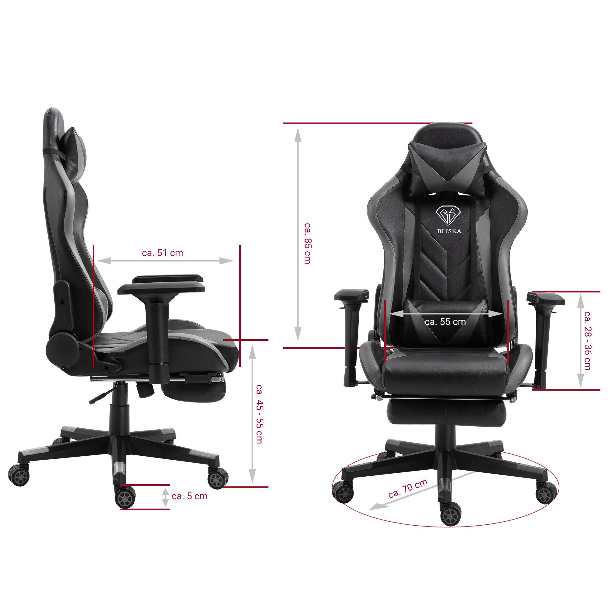 TRISENS Chefsessel Leo (1 Stück), mit Fußstütze gaming Lederoptik chair Gaming und 4D-Armlehnen Schwarz/Grau in Stuhl