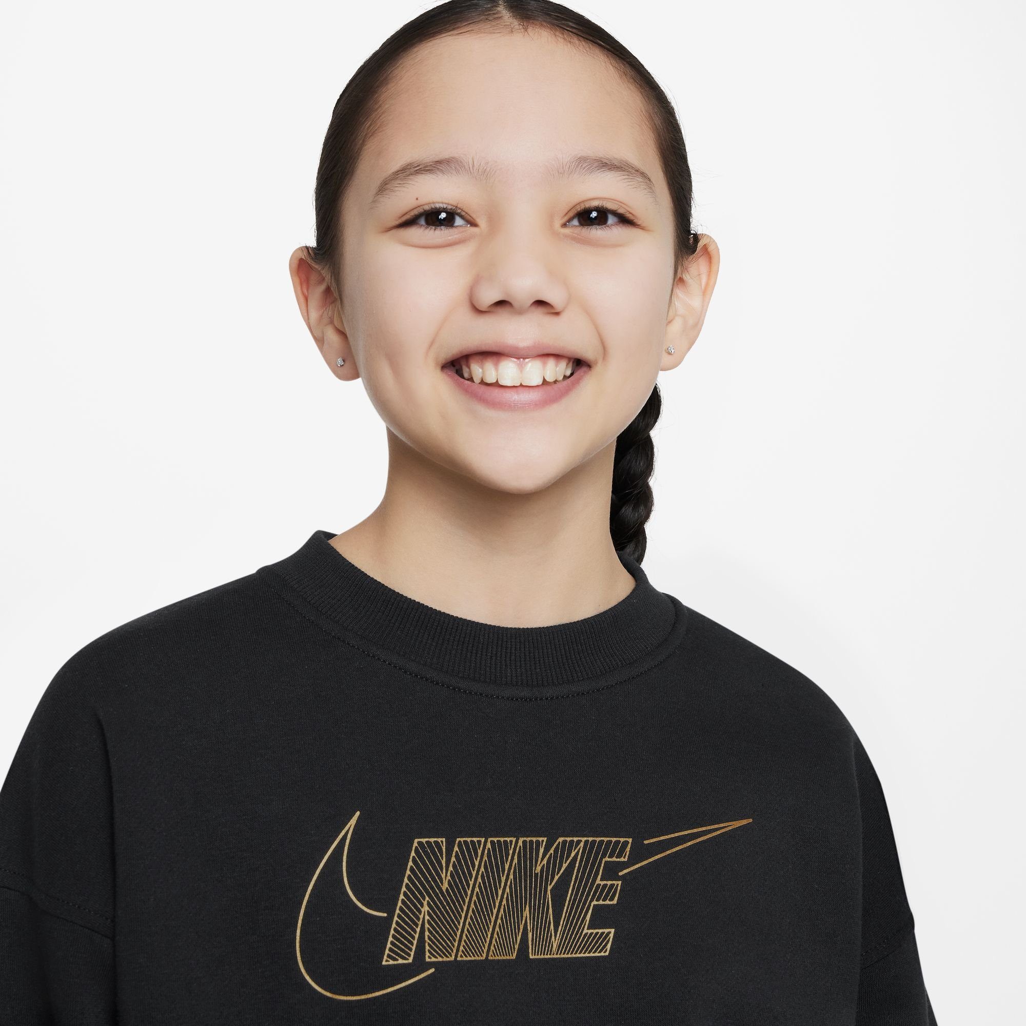 CLUB TOP BIG CREWNECK (GIRLS) KIDS' BLACK/METALLIC Sweatshirt Sportswear GOLD Nike FLEECE