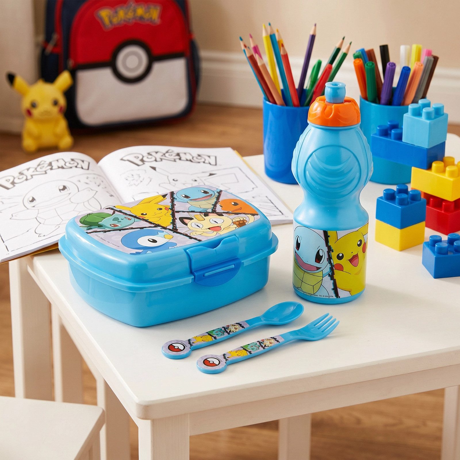 POKÉMON Lunchbox Pokemon Pikachu Kinder 4 teiliges Set Brotdose Trinkflasche Besteck, (4-tlg., Spar-Set)