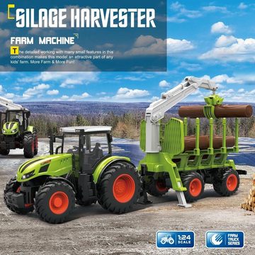 Esun RC-Traktor Ferngesteuerter Traktor Ferngesteuert, RC Traktor mit Anhänger (Set, Komplettset), Holzgreifer, 4 Holzstreifen, LKW spielzeug ab 3 4 5 6 jahre