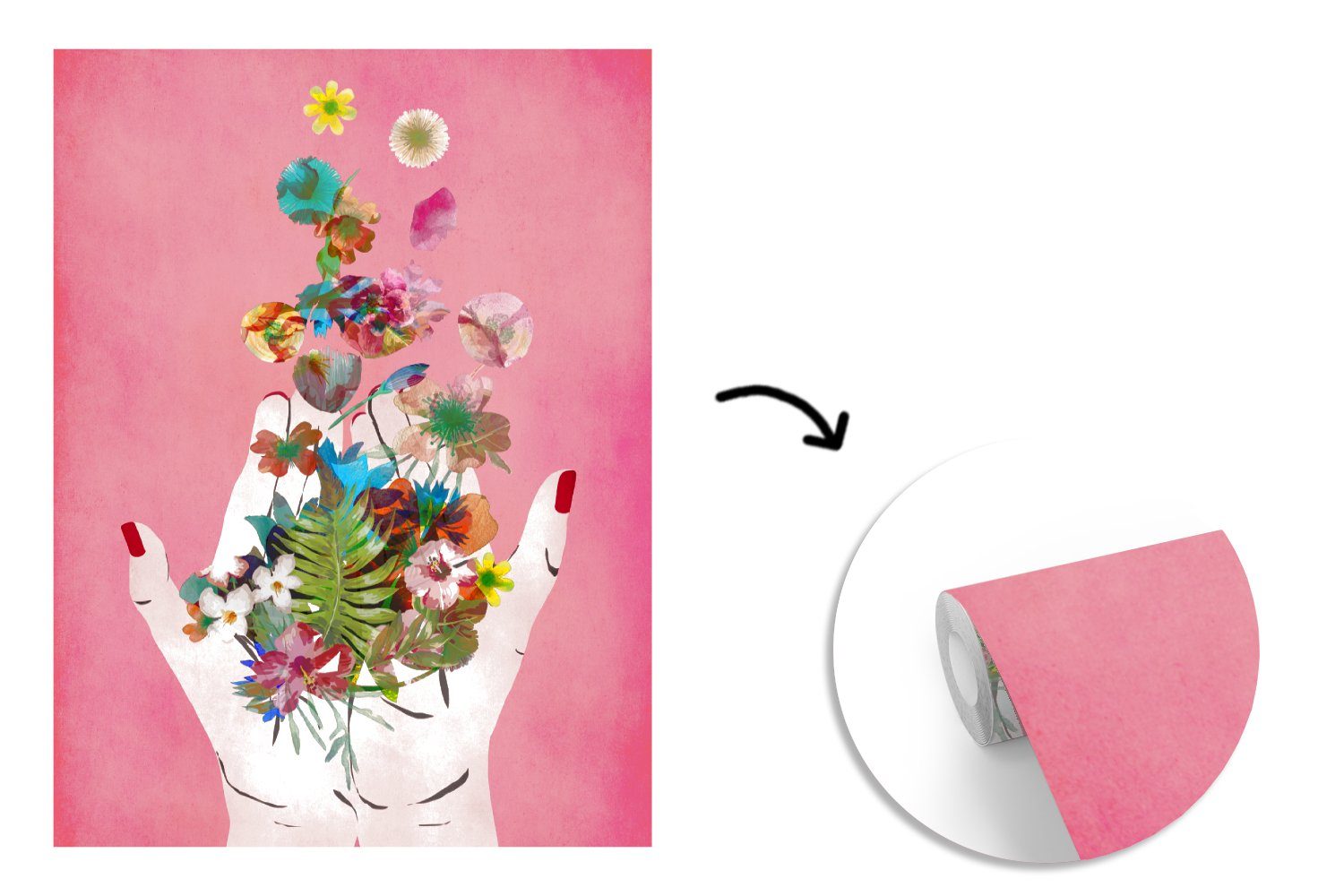 für Wandtapete Tapete Blumen Vinyl Kunst, MuchoWow Wohnzimmer, bedruckt, St), - Abstrakt - Fototapete Montagefertig - (4 Matt, Rosa