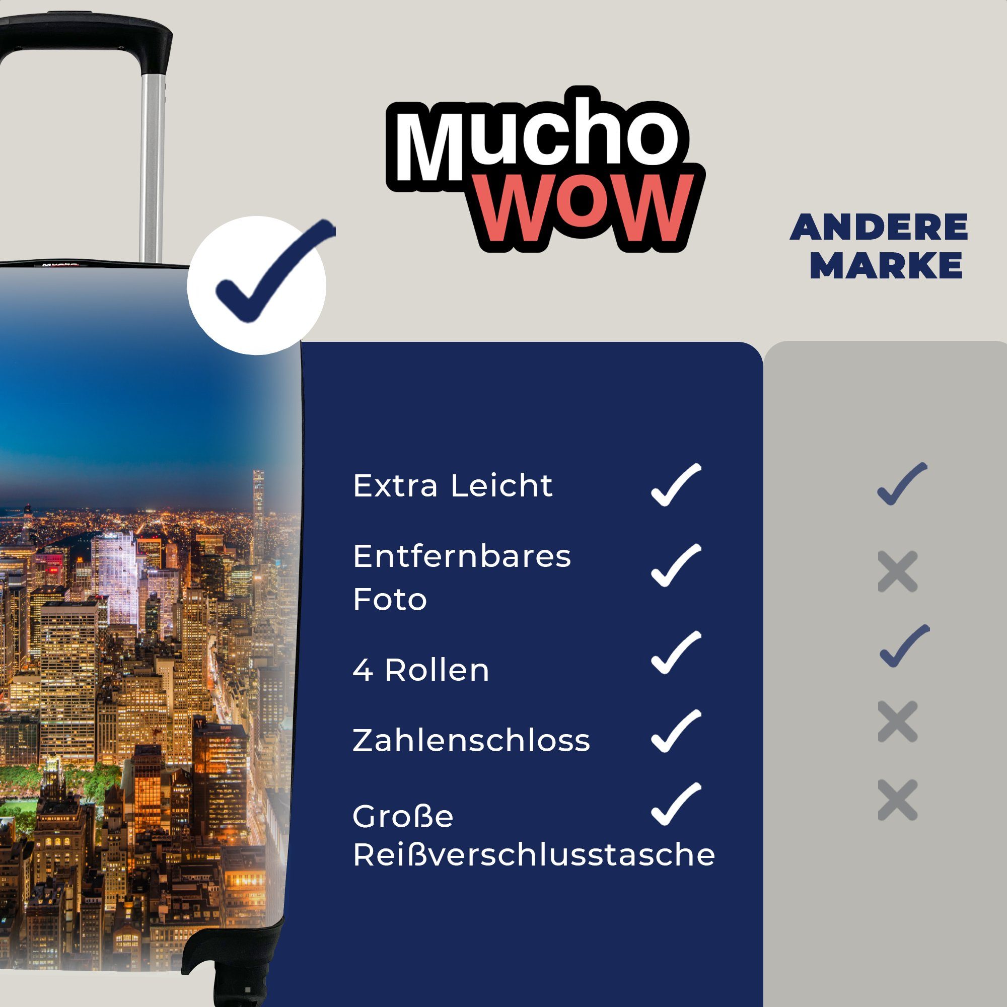 MuchoWow Handgepäckkoffer New York - Ferien, Farben Reisekoffer - Rollen, Reisetasche Nacht, rollen, mit Handgepäck Trolley, 4 für